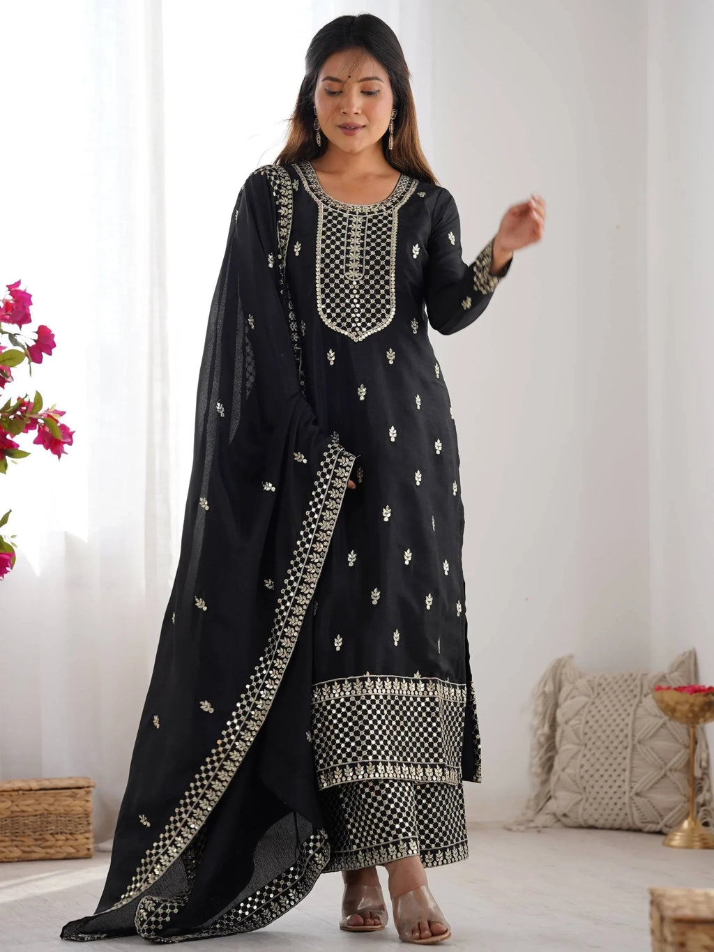 Black Gorgeous Sequins Chinon Silk Party Wear Palazzo Suit