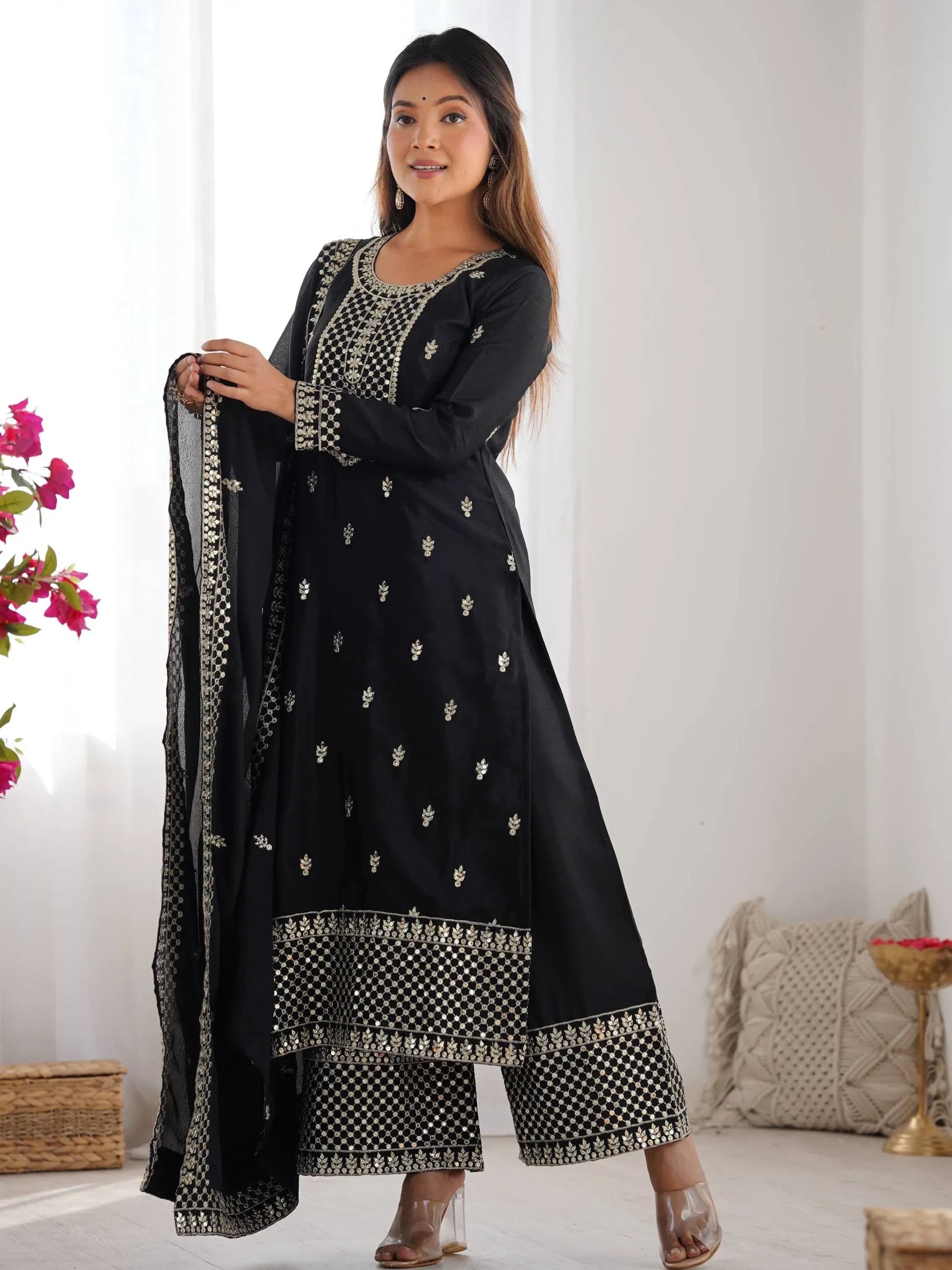 Black Gorgeous Sequins Chinon Silk Party Wear Palazzo Suit