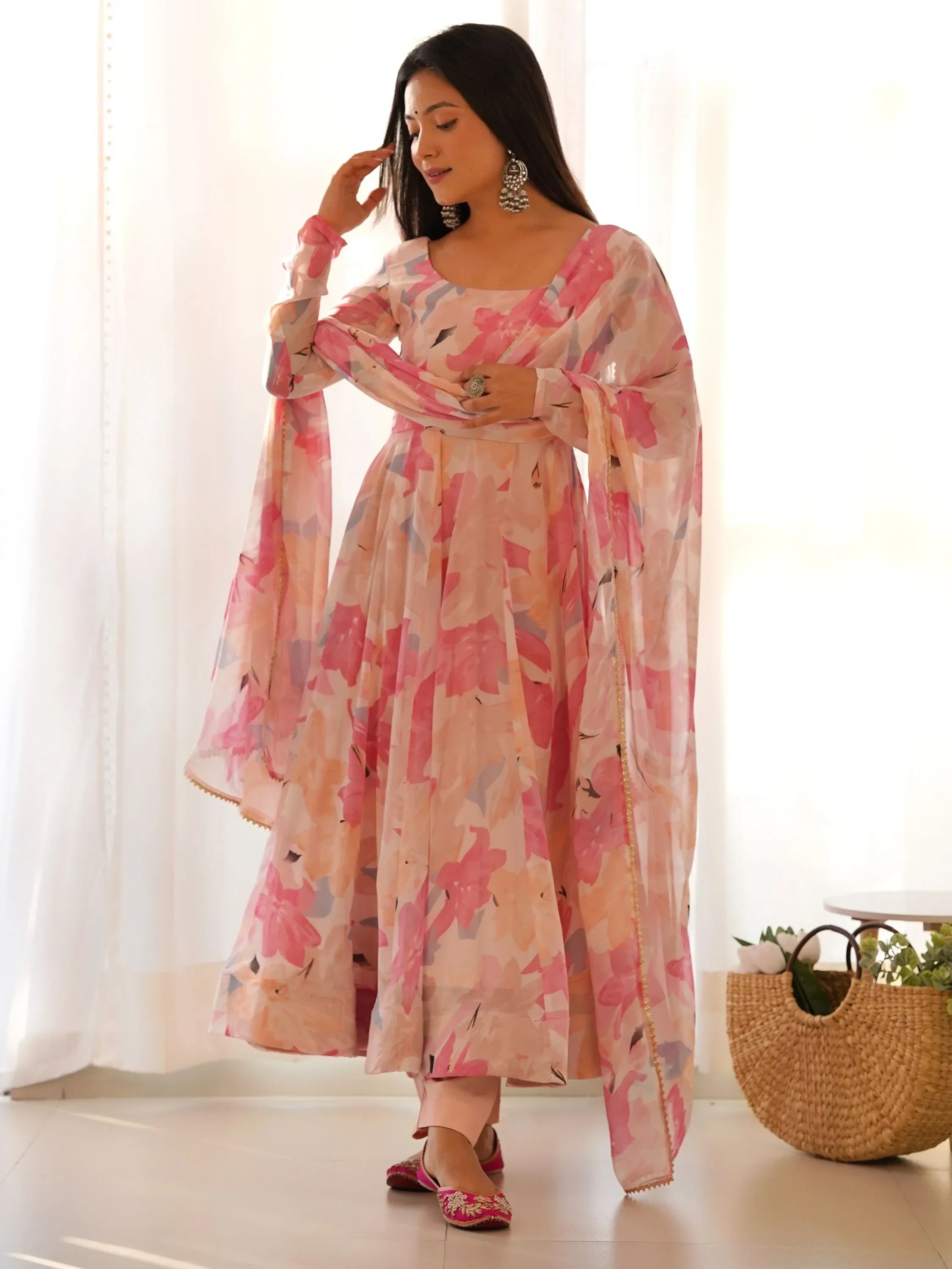 Stunning Peach Floral Printed Georgette Festival Wear Anarkali Pant Suit