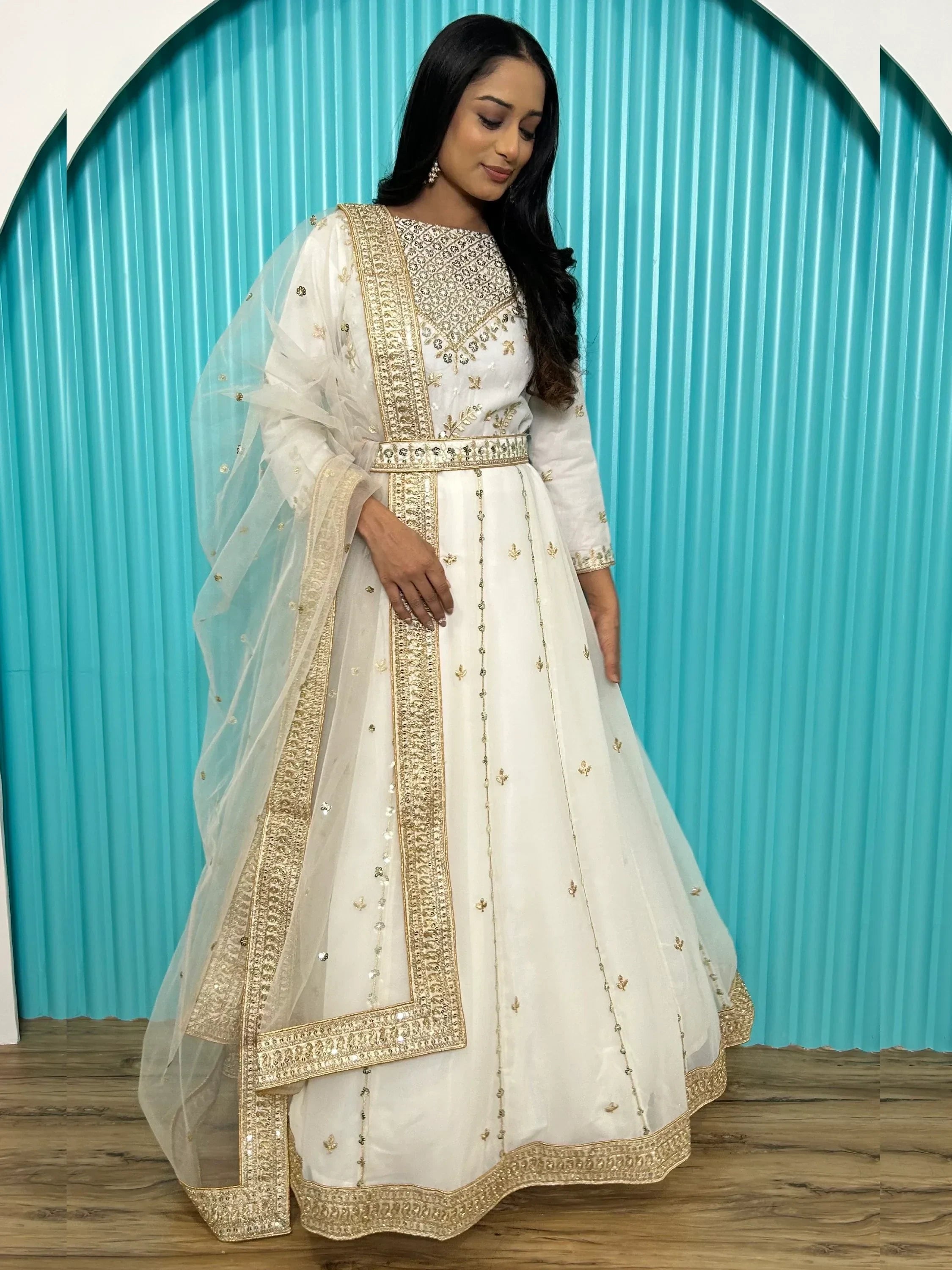 Glamorous White Sequins Georgette Party Wear Gown With Dupatta