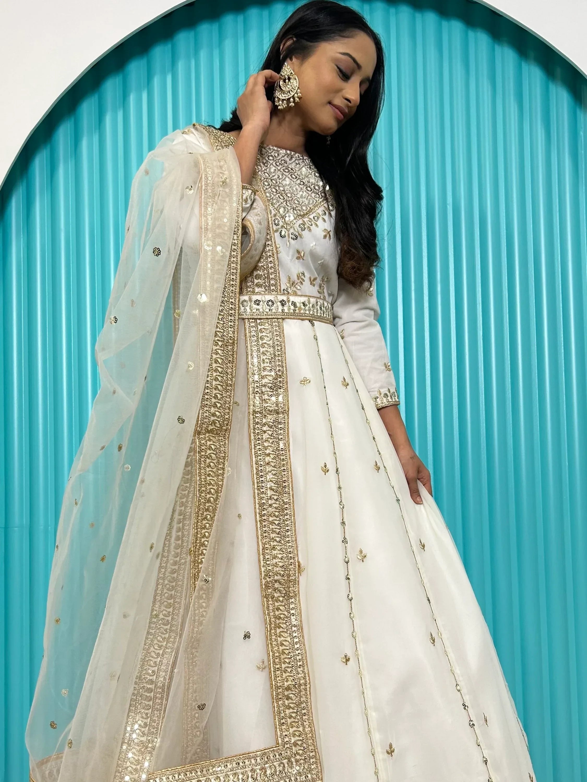 Glamorous White Sequins Georgette Party Wear Gown With Dupatta