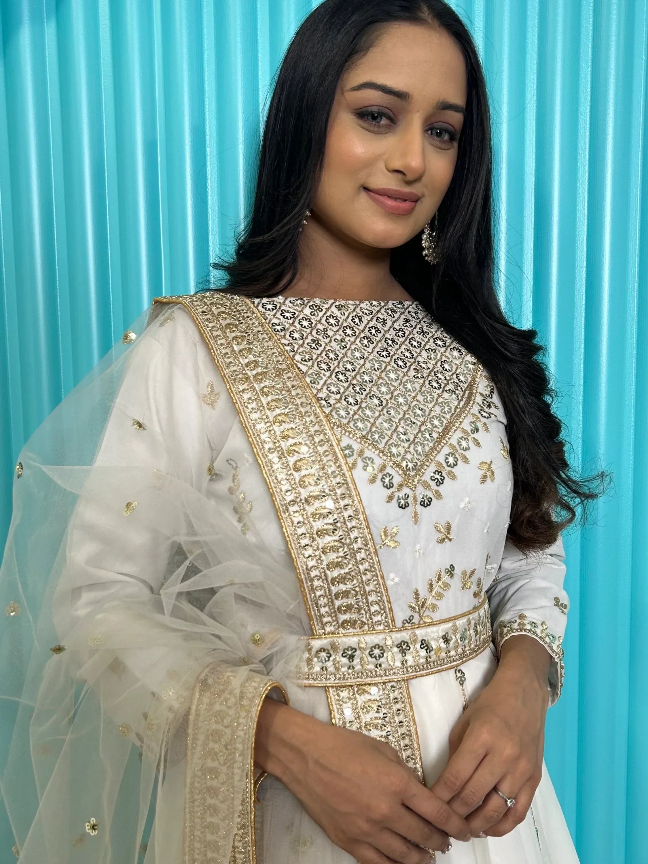 Glamorous White Sequins Georgette Party Wear Gown With Dupatta