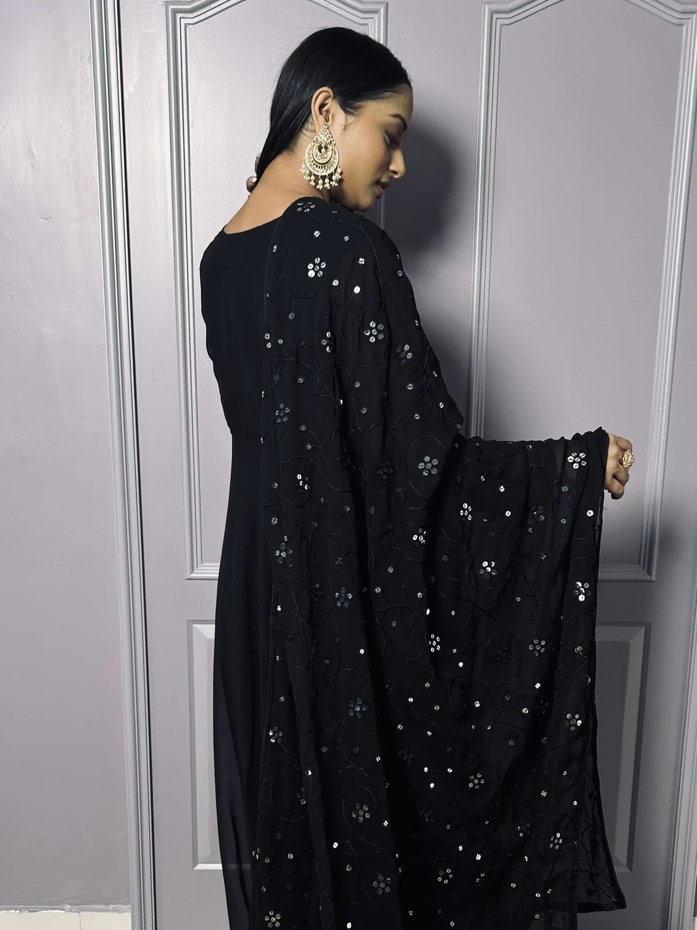 Astonishing Black Georgette Reception Wear Gown With Dupatta