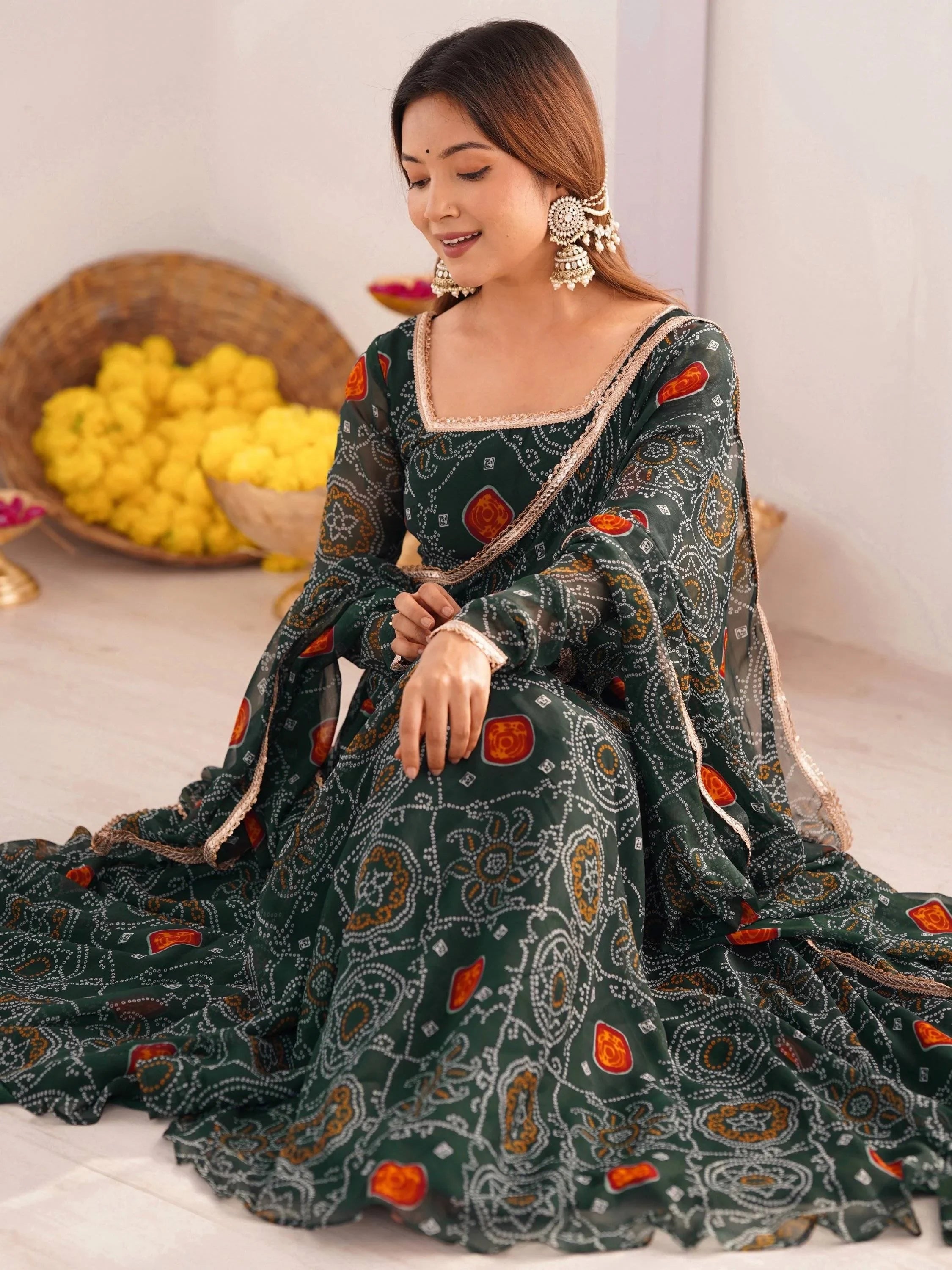 Green Marvelous Bandhani Printed Georgette Festival Wear Anarkali Suit