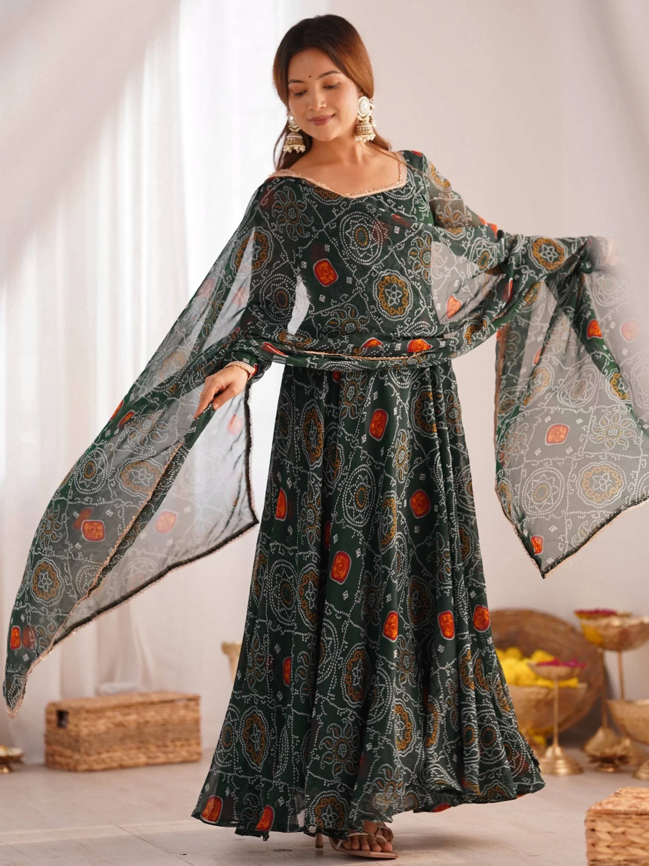 Green Marvelous Bandhani Printed Georgette Festival Wear Anarkali Suit
