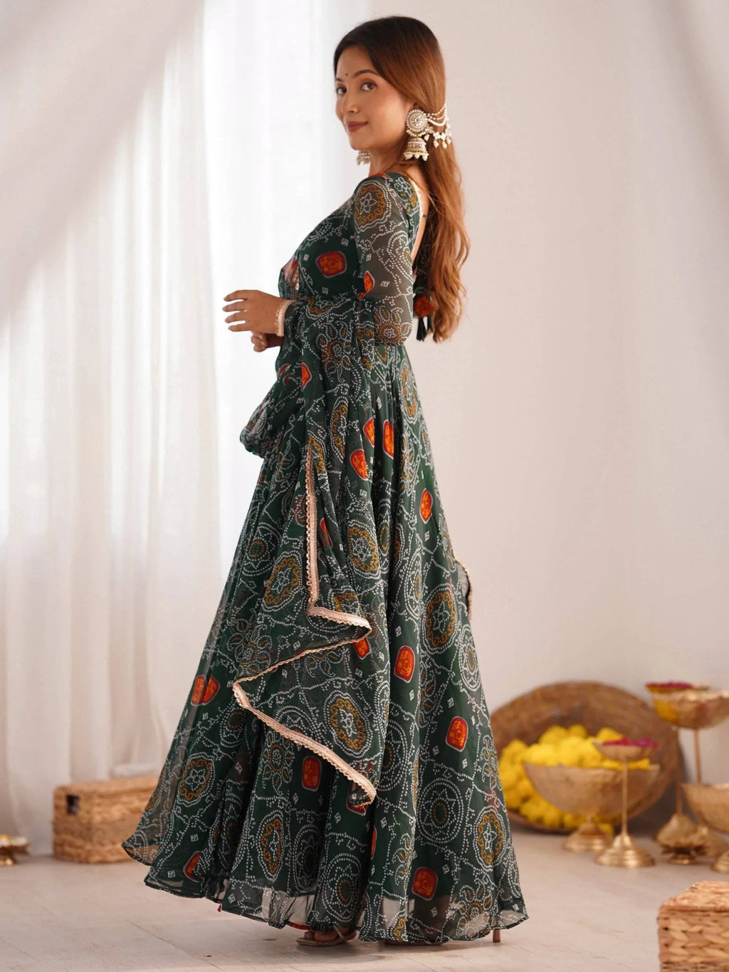 Green Marvelous Bandhani Printed Georgette Festival Wear Anarkali Suit
