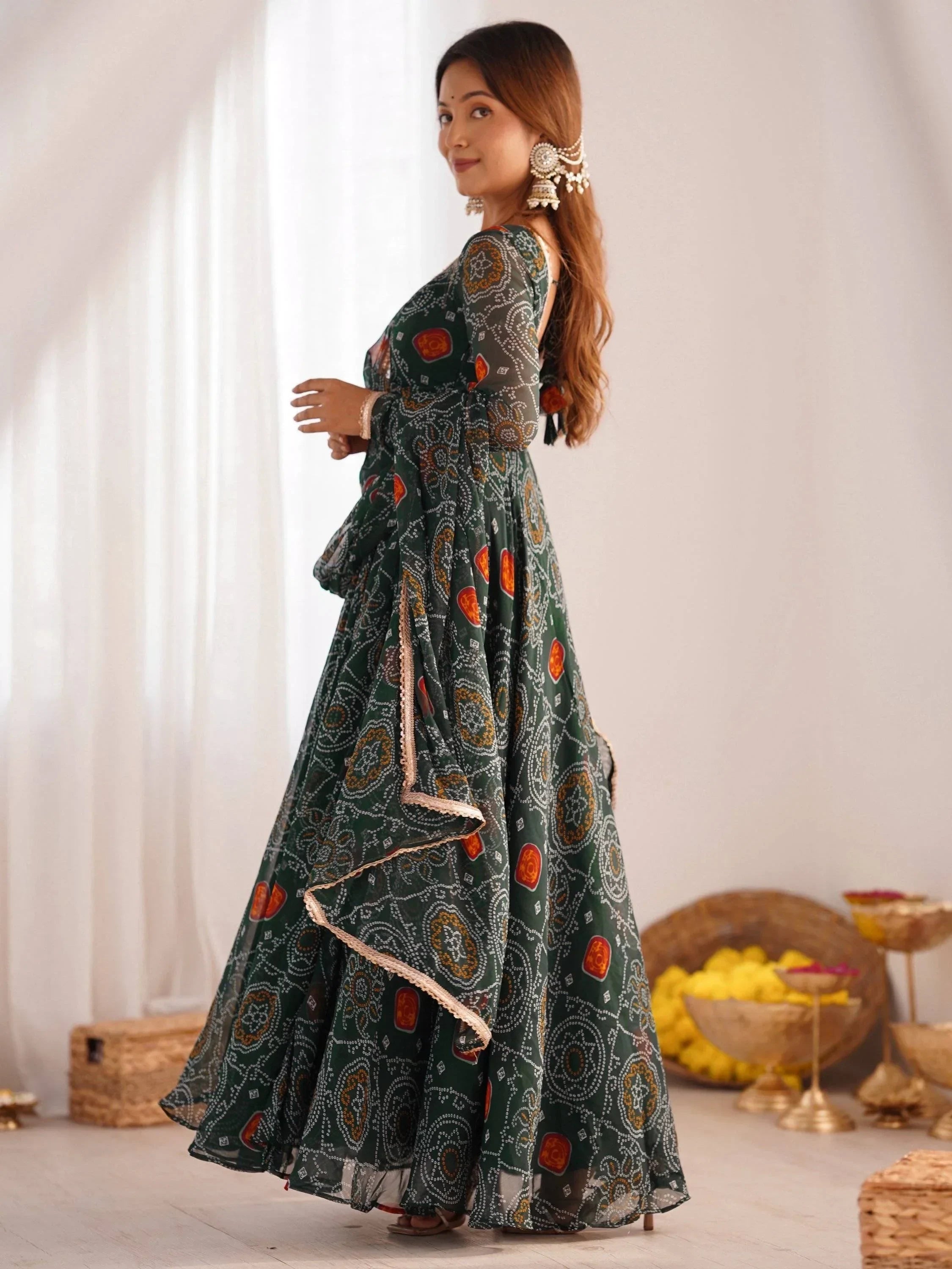 Green Marvelous Bandhani Printed Georgette Festival Wear Anarkali Suit