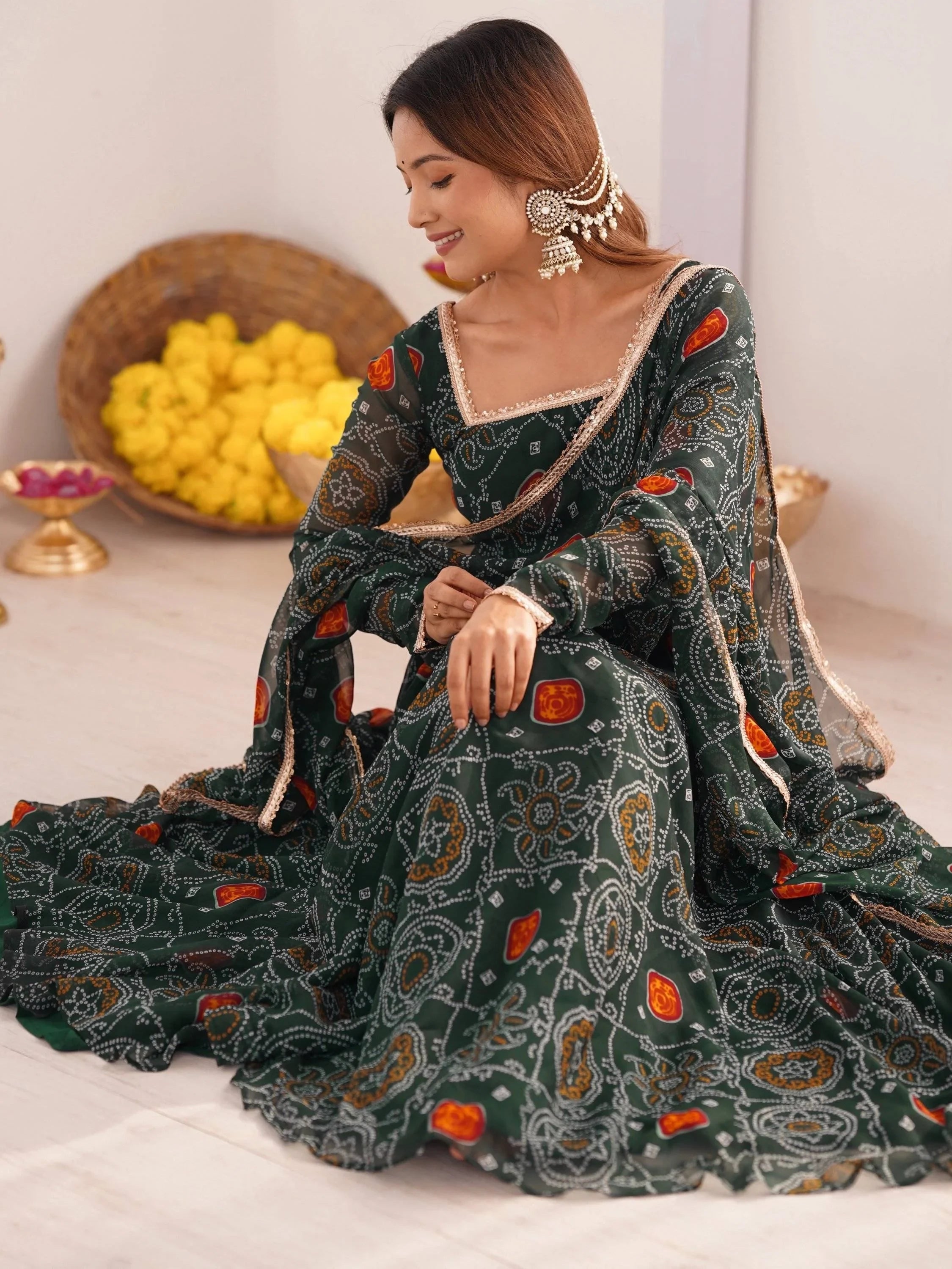 Green Marvelous Bandhani Printed Georgette Festival Wear Anarkali Suit