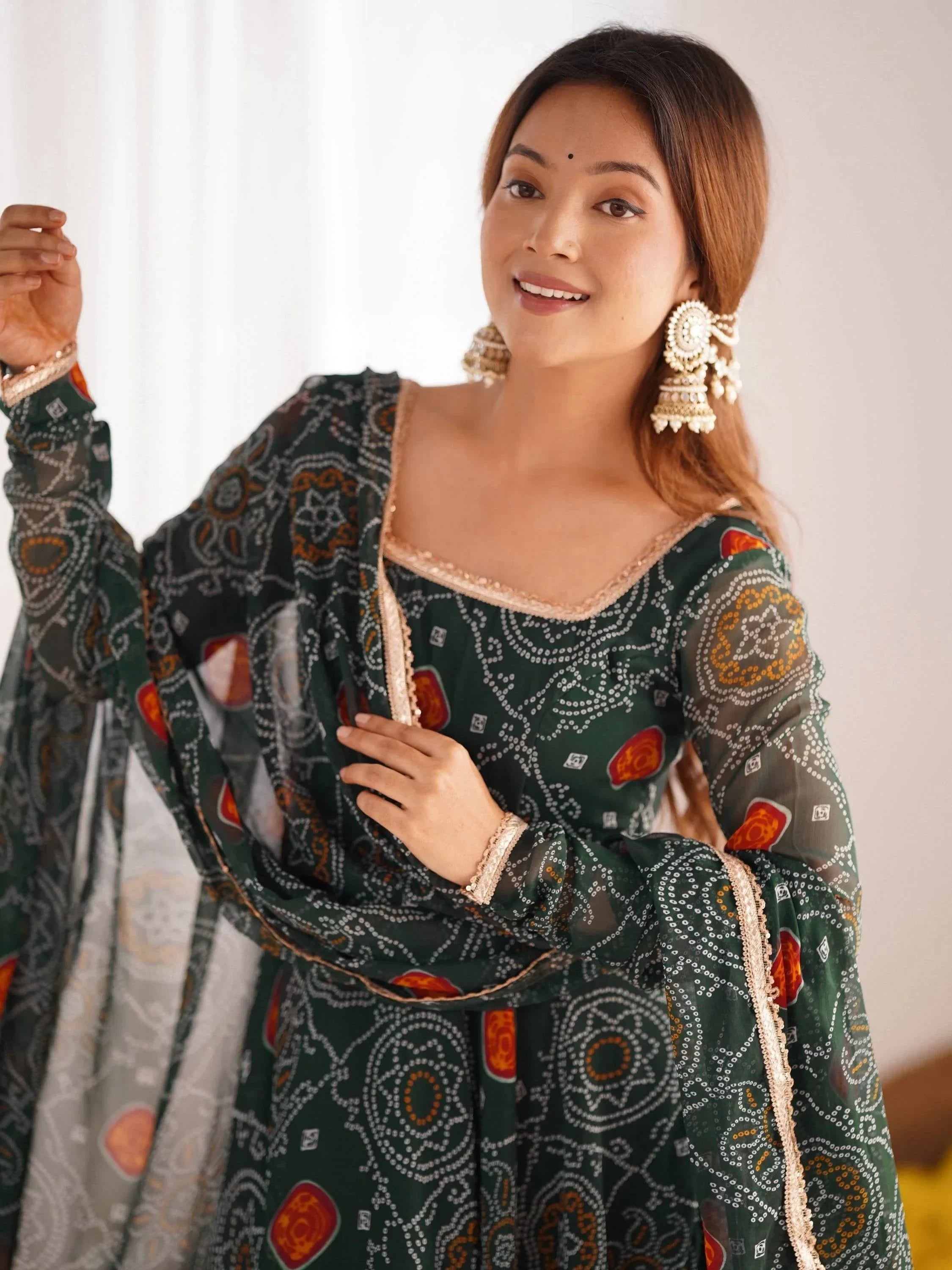 Green Marvelous Bandhani Printed Georgette Festival Wear Anarkali Suit