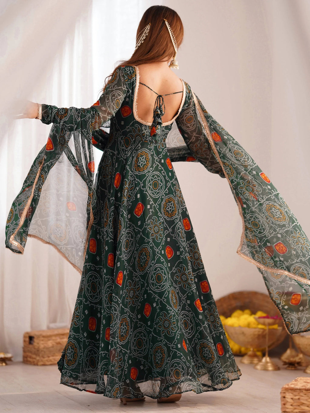 Green Marvelous Bandhani Printed Georgette Festival Wear Anarkali Suit