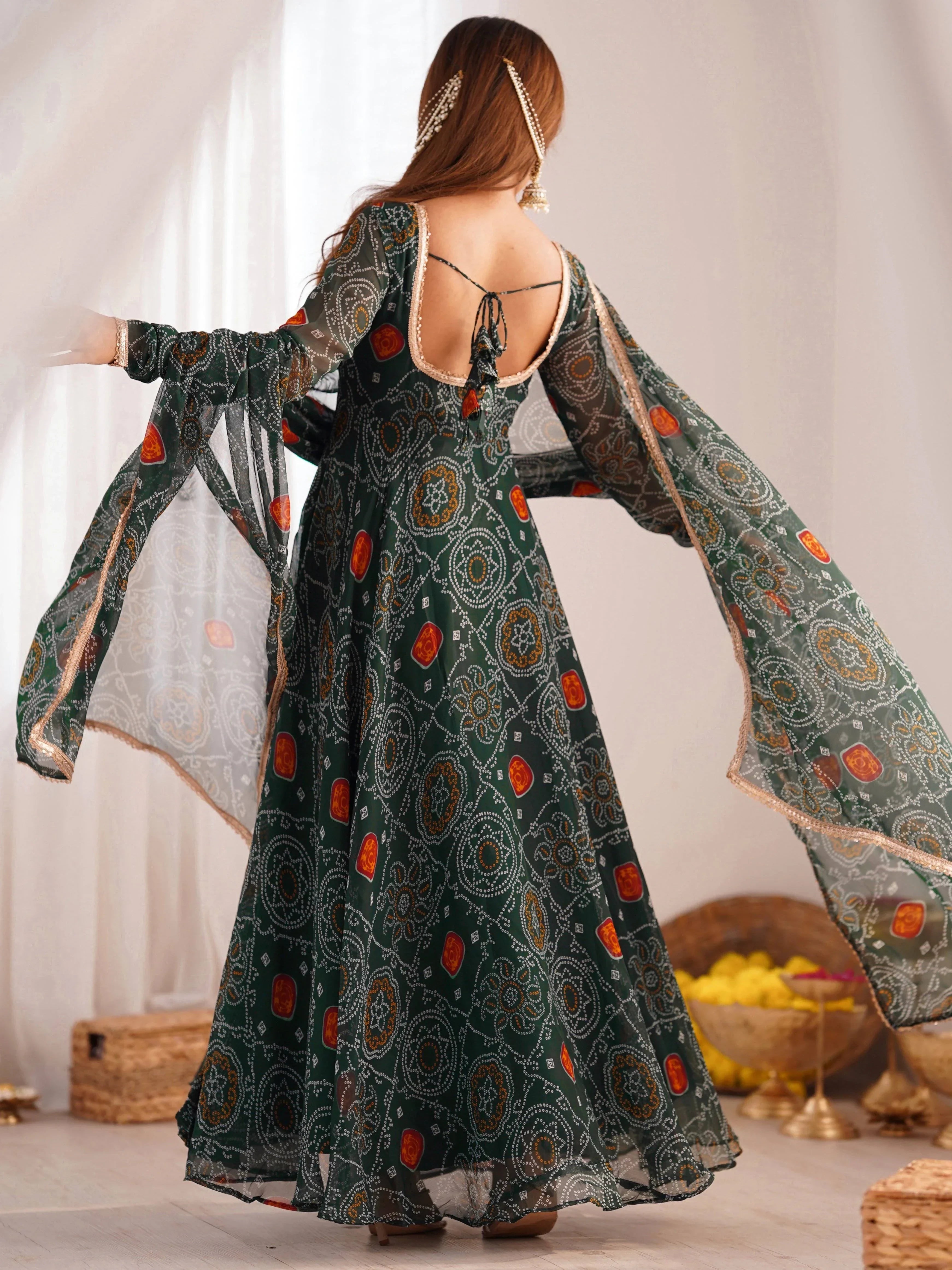 Green Marvelous Bandhani Printed Georgette Festival Wear Anarkali Suit