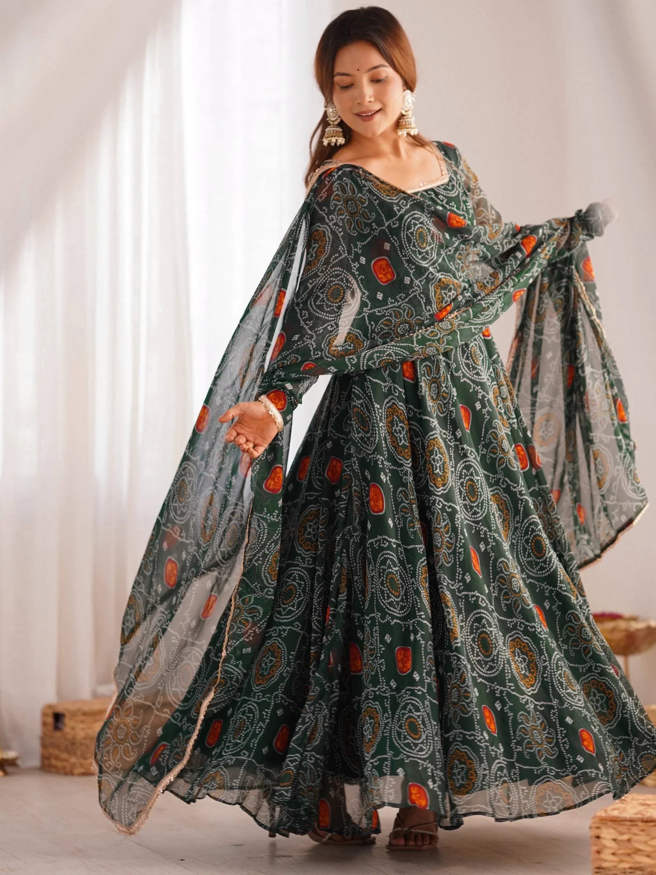 Green Marvelous Bandhani Printed Georgette Festival Wear Anarkali Suit