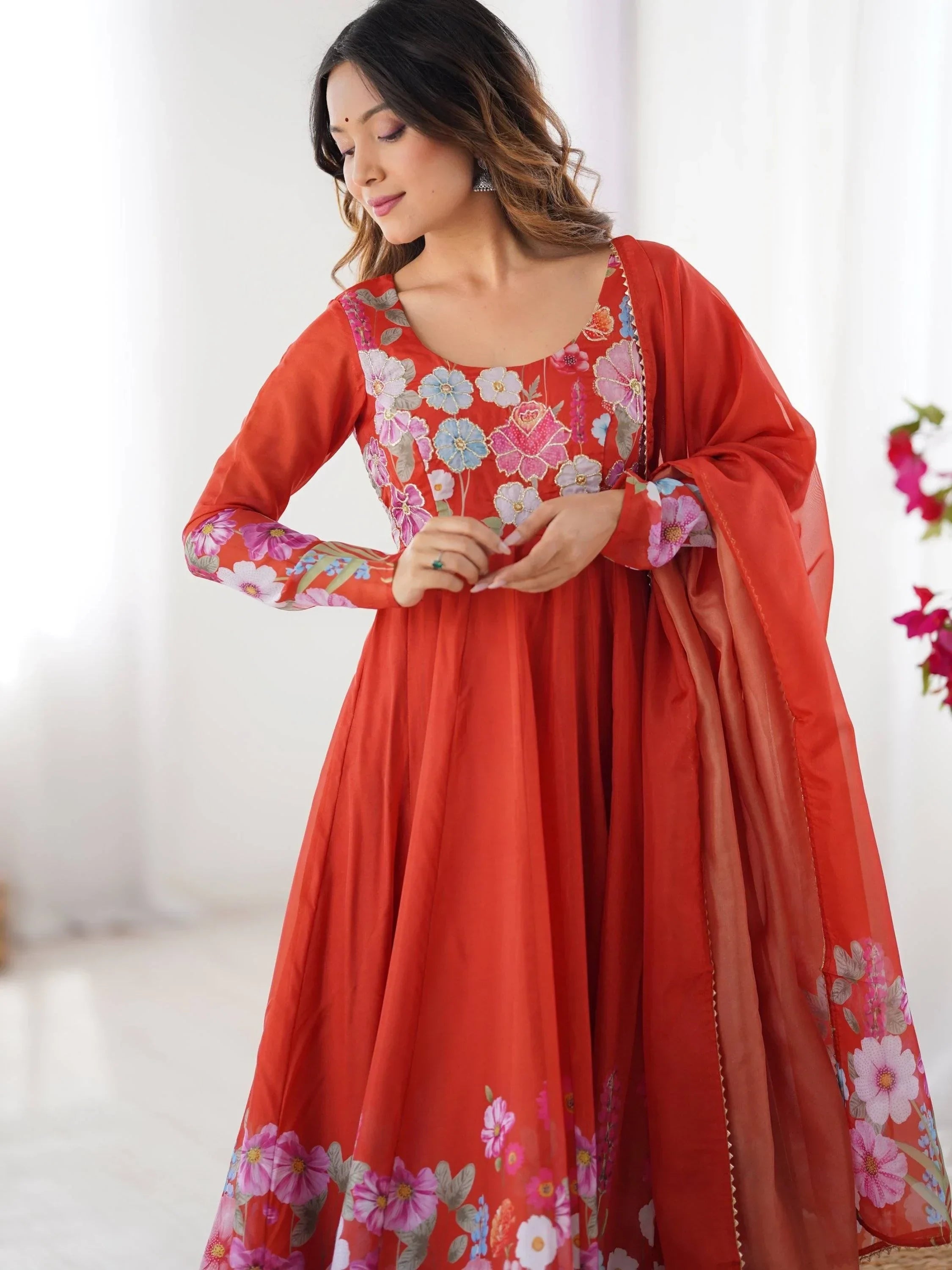 Orange Incredible Floral Printed Organza Festival Wear Anarkali Suit