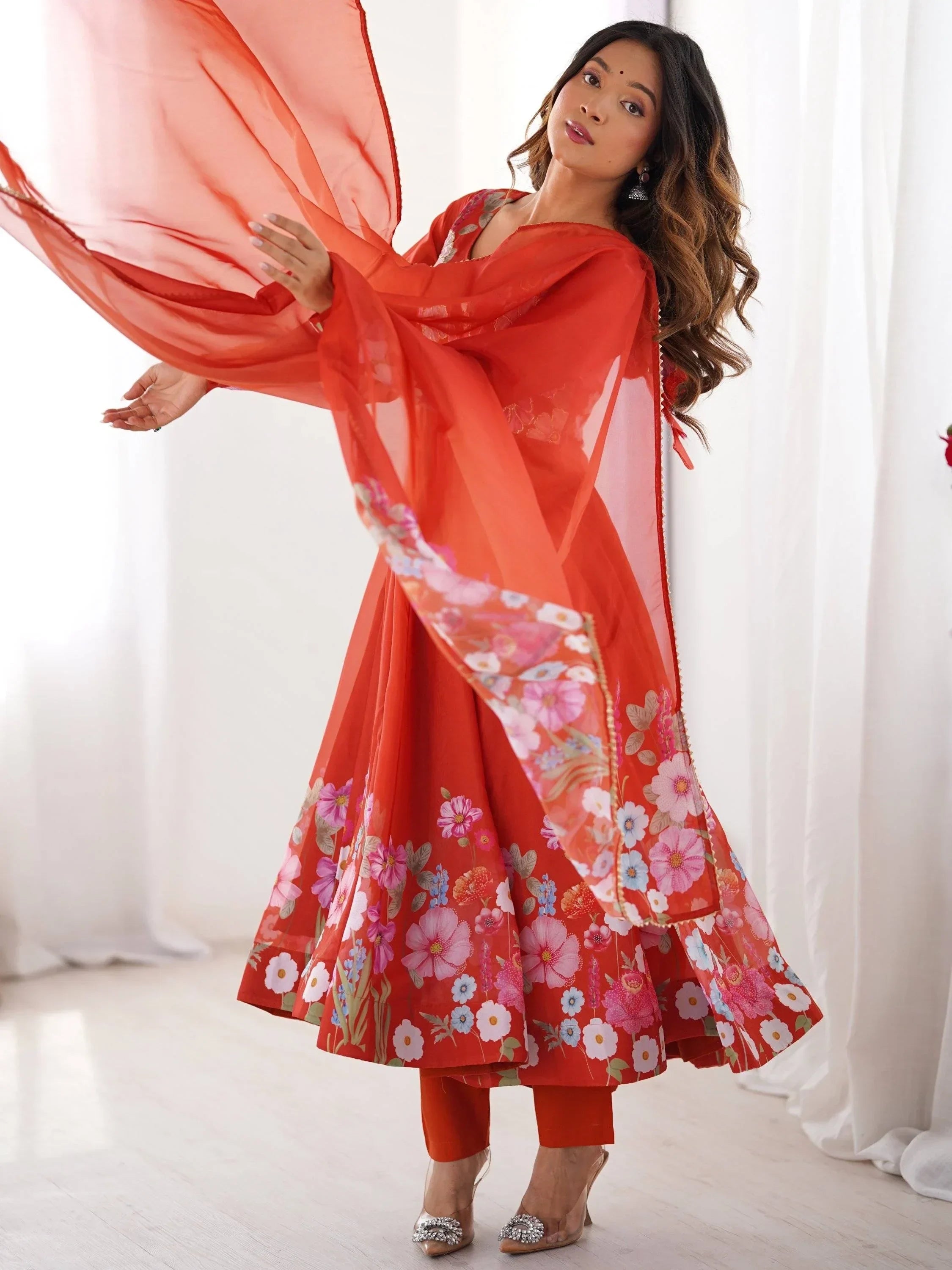 Orange Incredible Floral Printed Organza Festival Wear Anarkali Suit