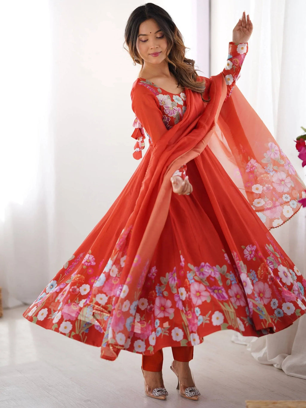 Orange Incredible Floral Printed Organza Festival Wear Anarkali Suit