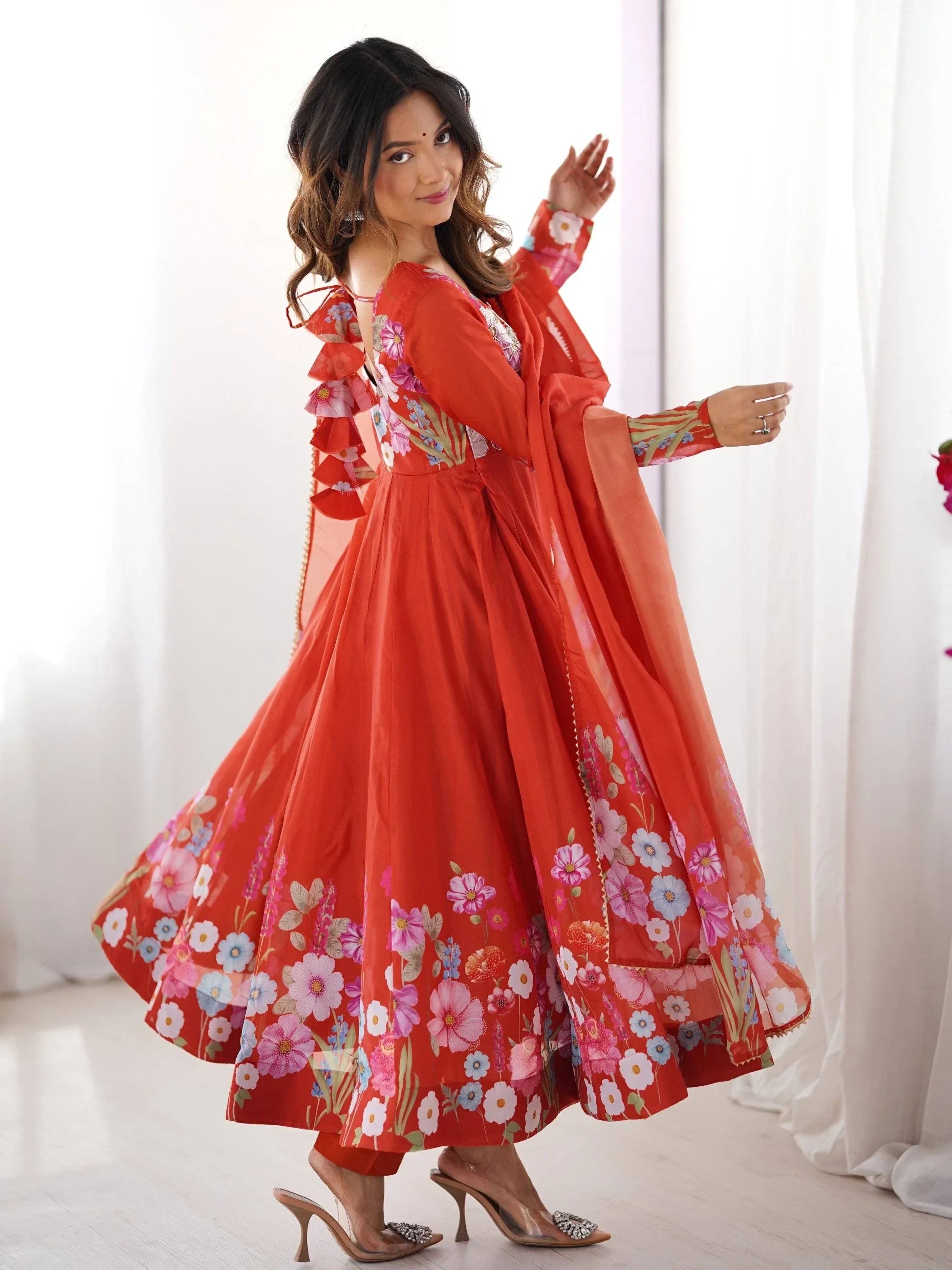 Orange Incredible Floral Printed Organza Festival Wear Anarkali Suit