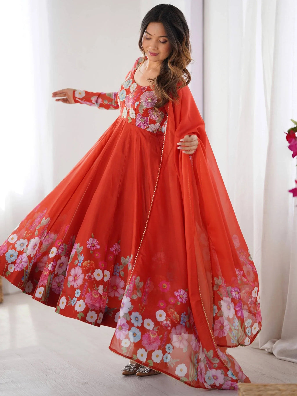 Orange Incredible Floral Printed Organza Festival Wear Anarkali Suit