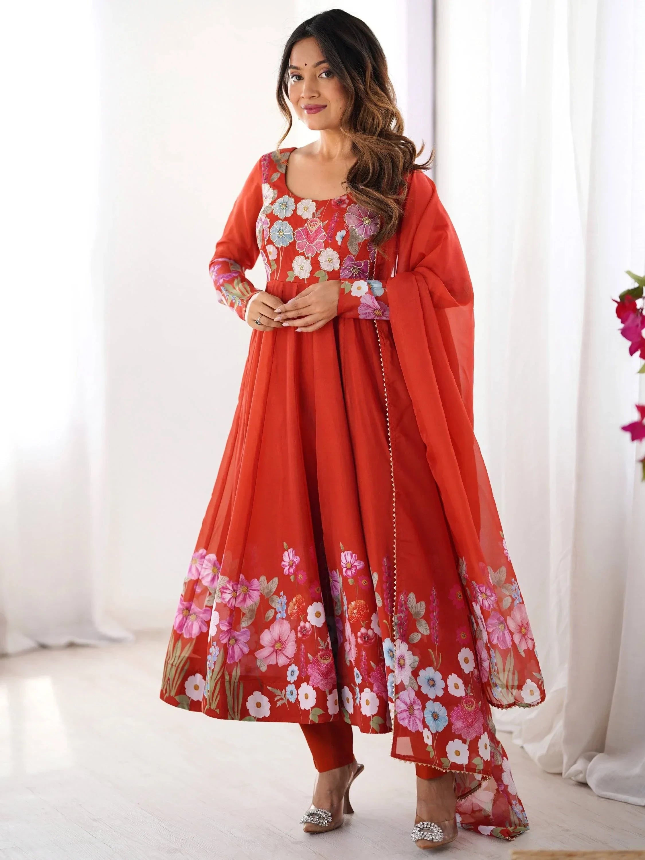 Orange Incredible Floral Printed Organza Festival Wear Anarkali Suit