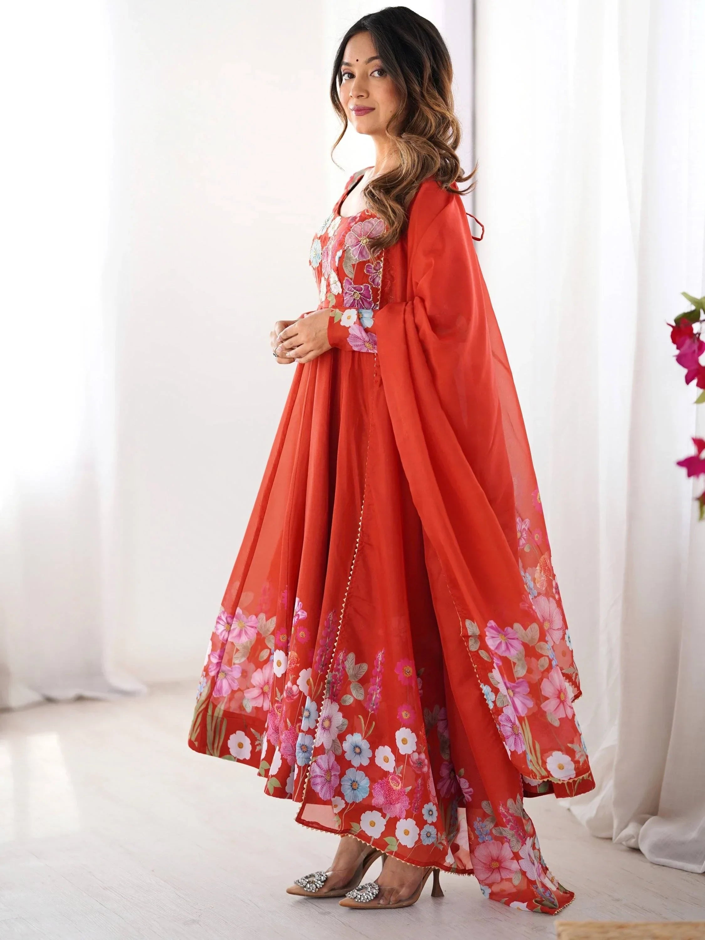 Orange Incredible Floral Printed Organza Festival Wear Anarkali Suit