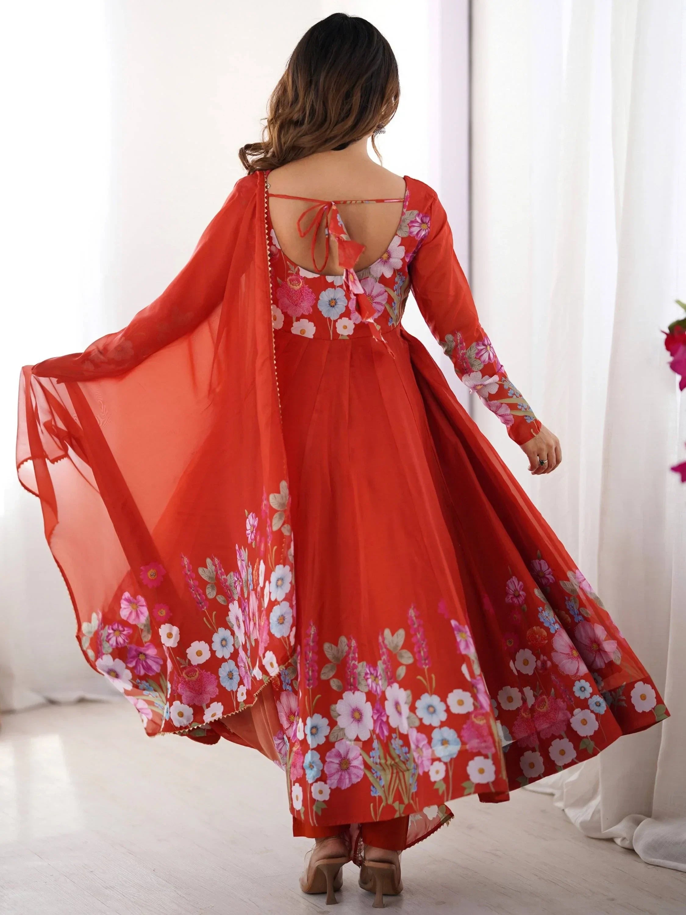 Orange Incredible Floral Printed Organza Festival Wear Anarkali Suit