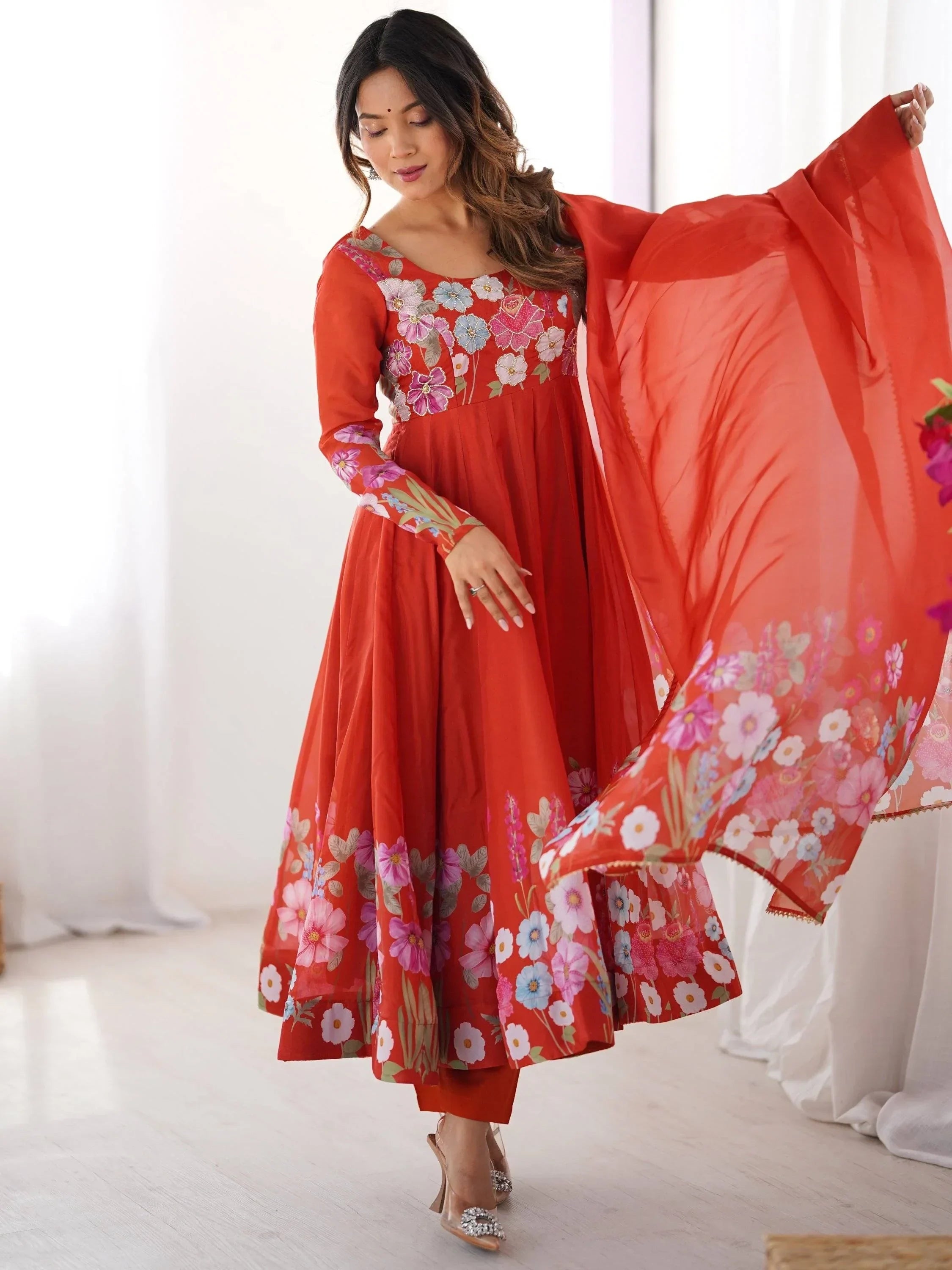 Orange Incredible Floral Printed Organza Festival Wear Anarkali Suit