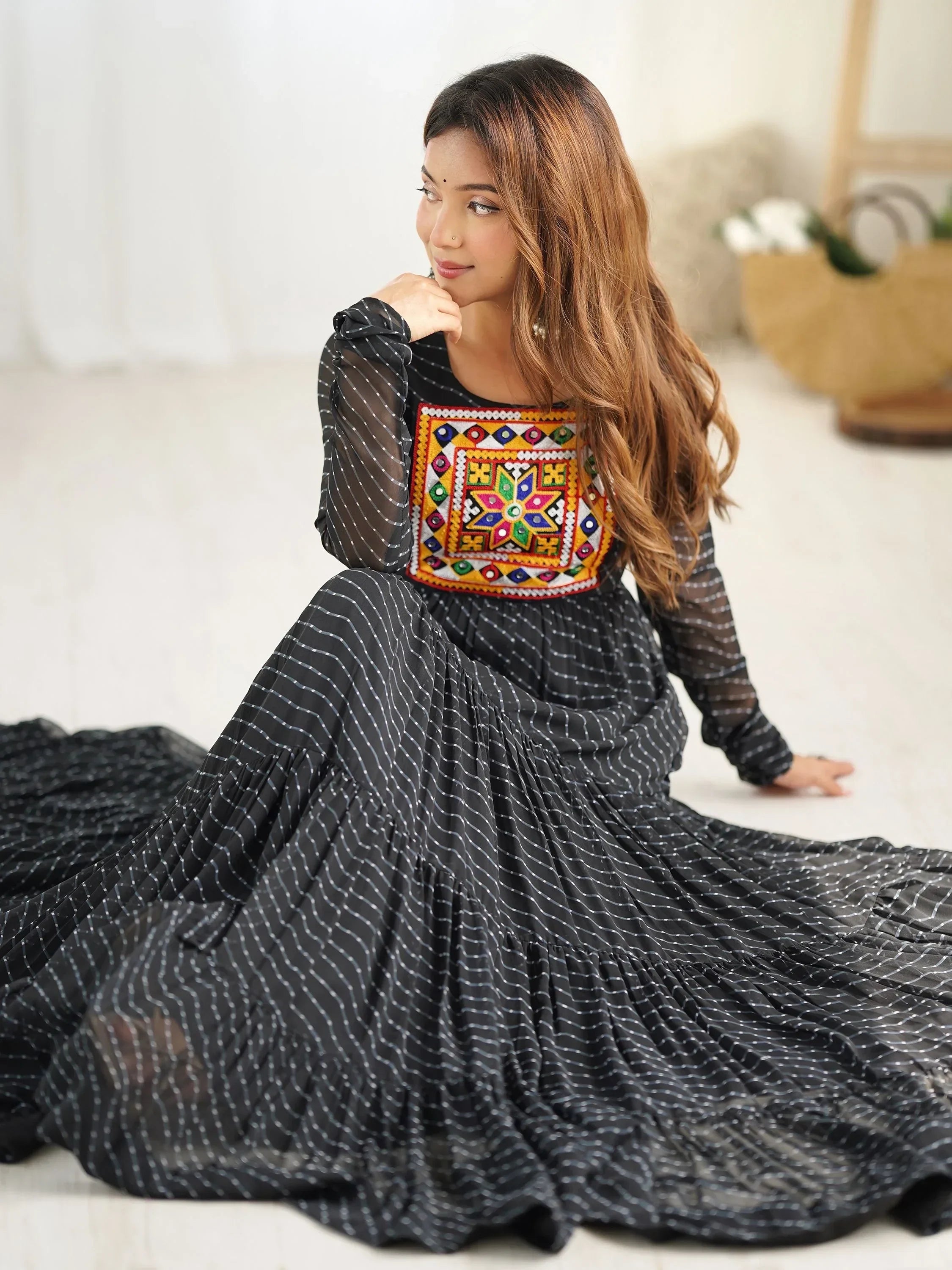 Alluring Black Laheriya Printed Georgette Navratri Wear Gown