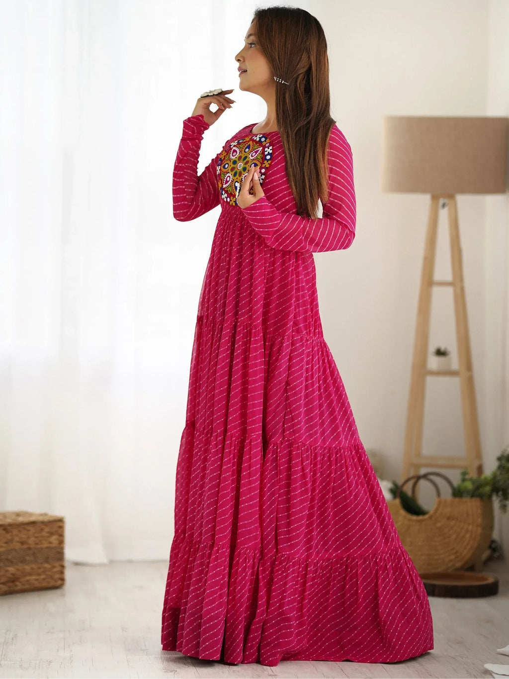 Enchanting Rani Pink Laheriya Printed Georgette Navratri Wear Gown