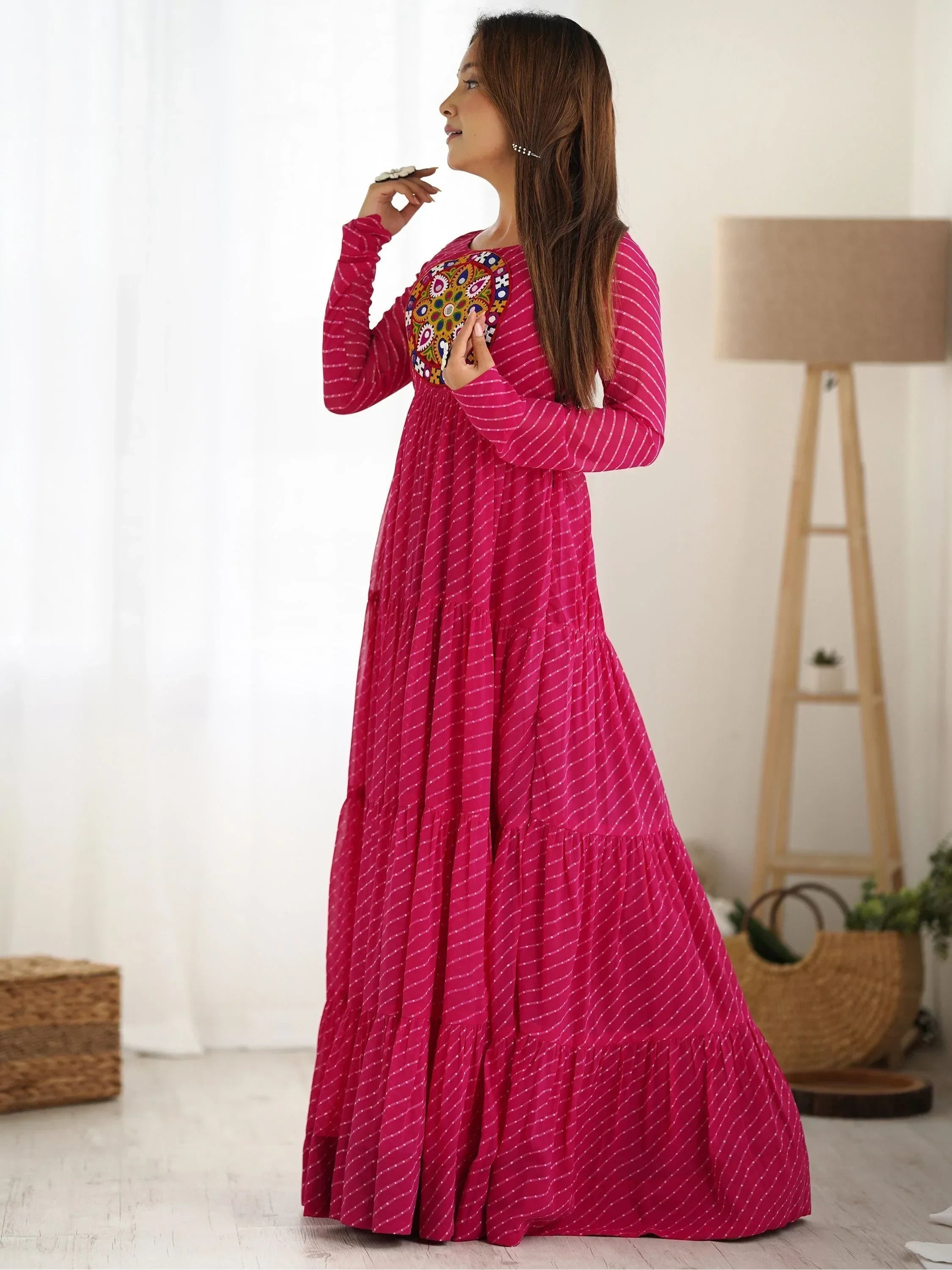 Enchanting Rani Pink Laheriya Printed Georgette Navratri Wear Gown