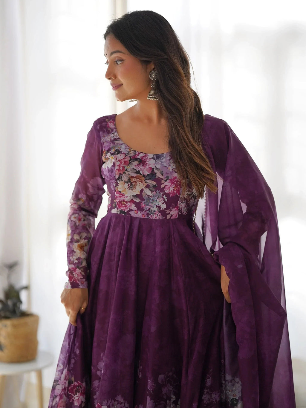 Purple Bewitching Floral Printed Organza Traditional Anarkali Suit Pant