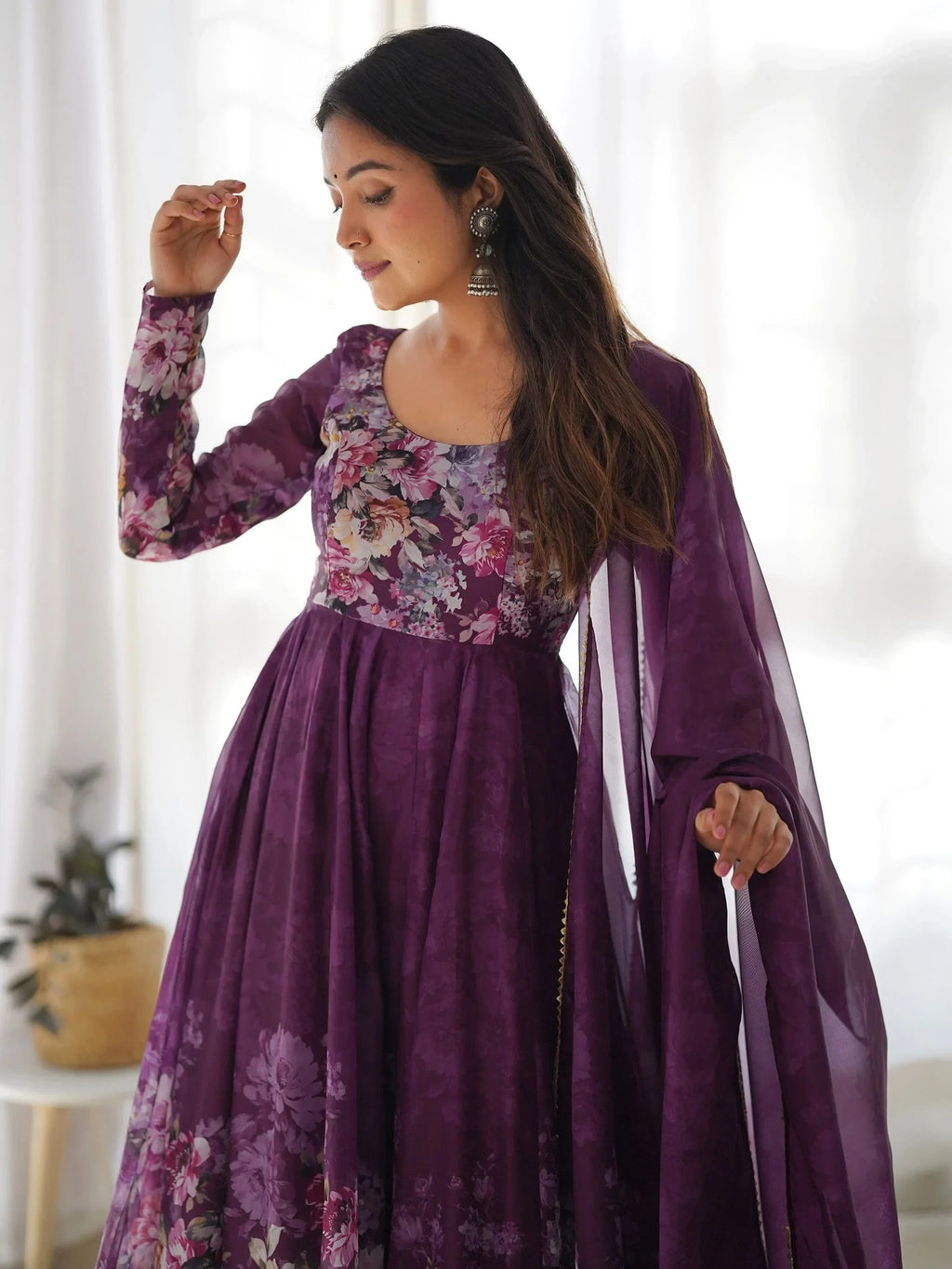 Purple Bewitching Floral Printed Organza Traditional Anarkali Suit Pant