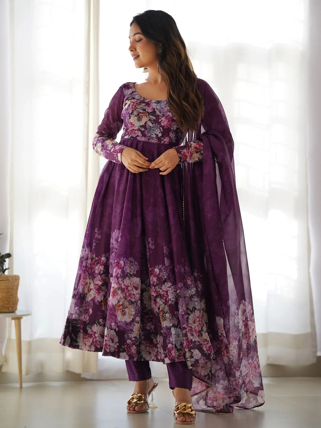 Purple Bewitching Floral Printed Organza Traditional Anarkali Suit Pant