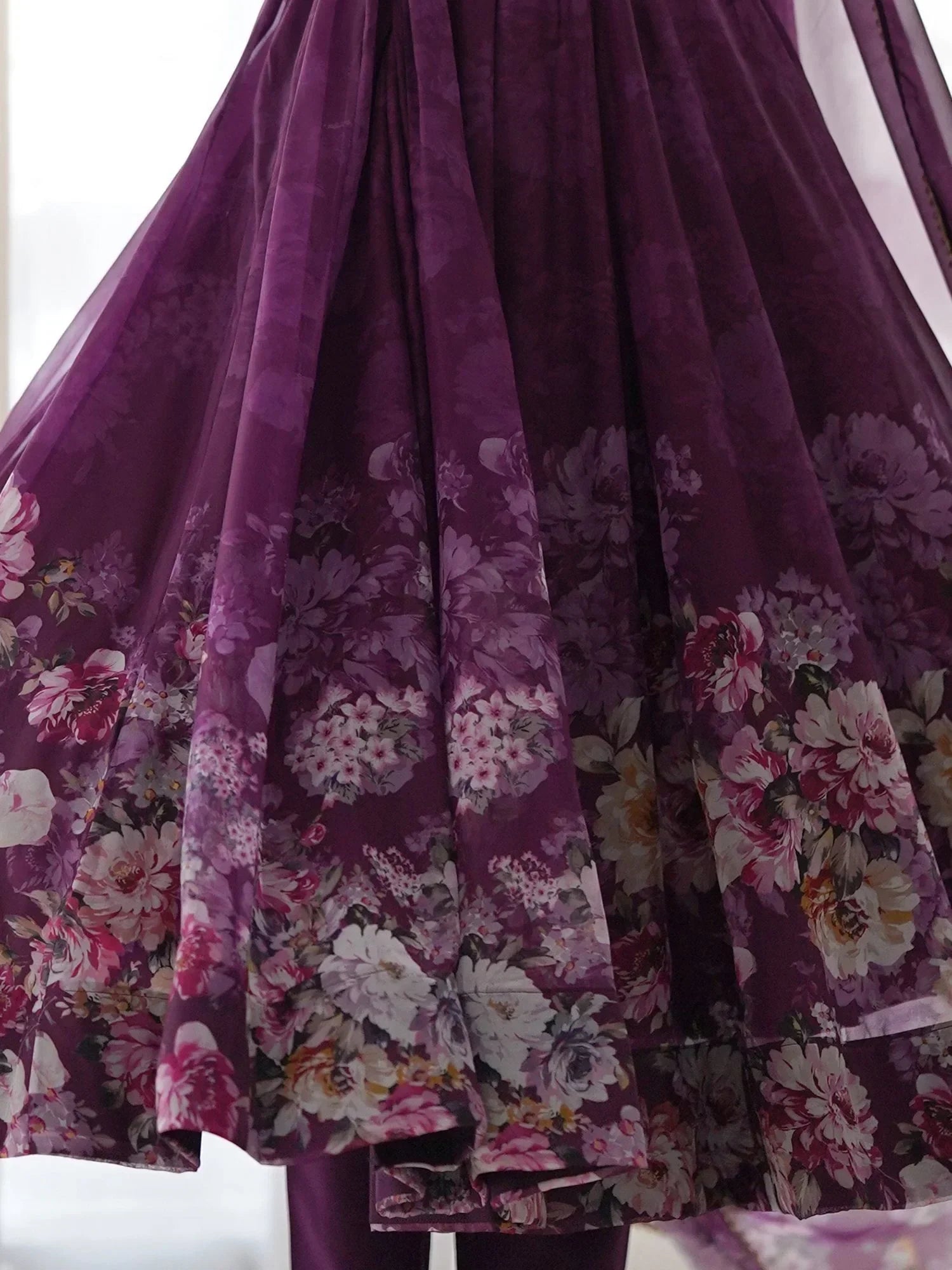 Purple Bewitching Floral Printed Organza Traditional Anarkali Suit Pant