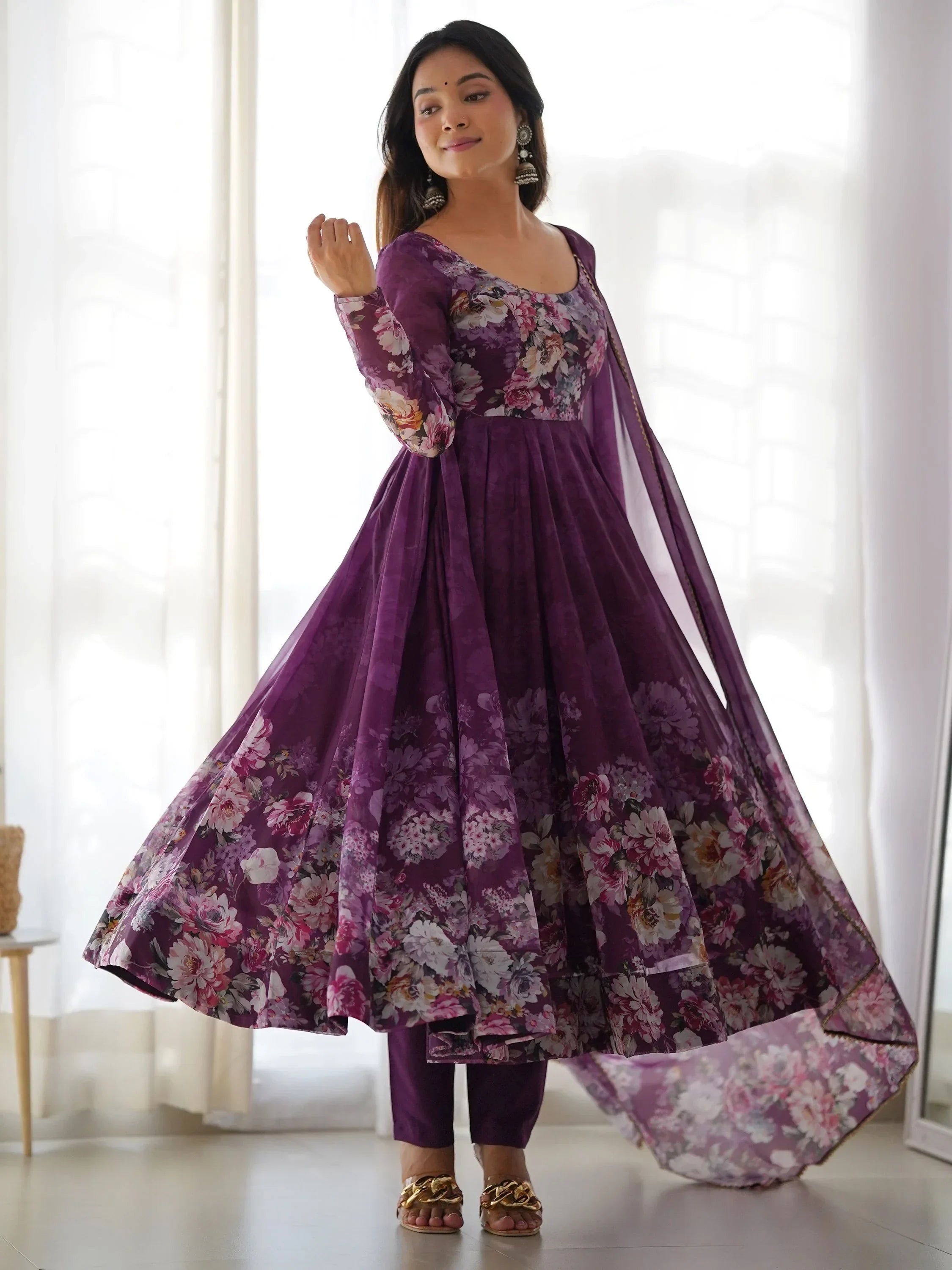 Purple Bewitching Floral Printed Organza Traditional Anarkali Suit Pant