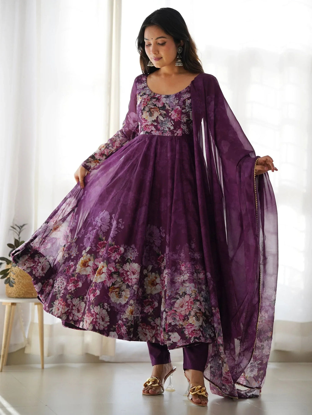 Purple Bewitching Floral Printed Organza Traditional Anarkali Suit Pant