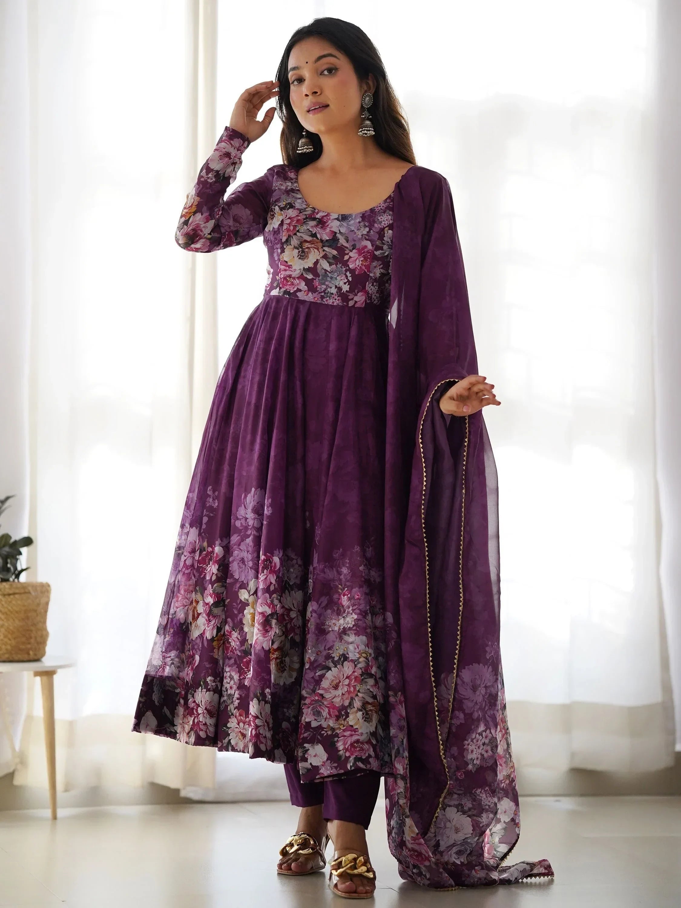 Purple Bewitching Floral Printed Organza Traditional Anarkali Suit Pant