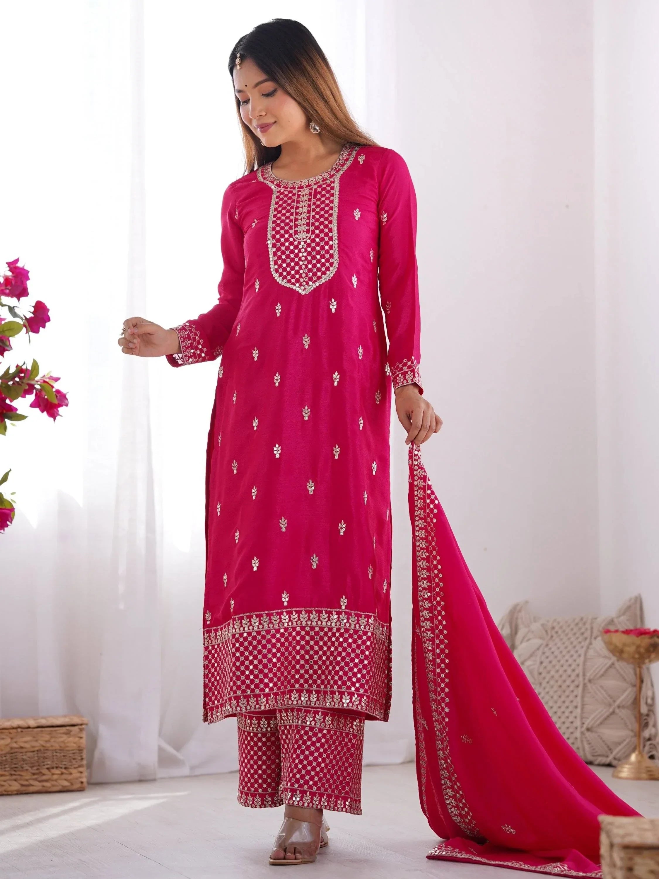 Pink Gorgeous Sequins Chinon Silk Party Wear Palazzo Suit