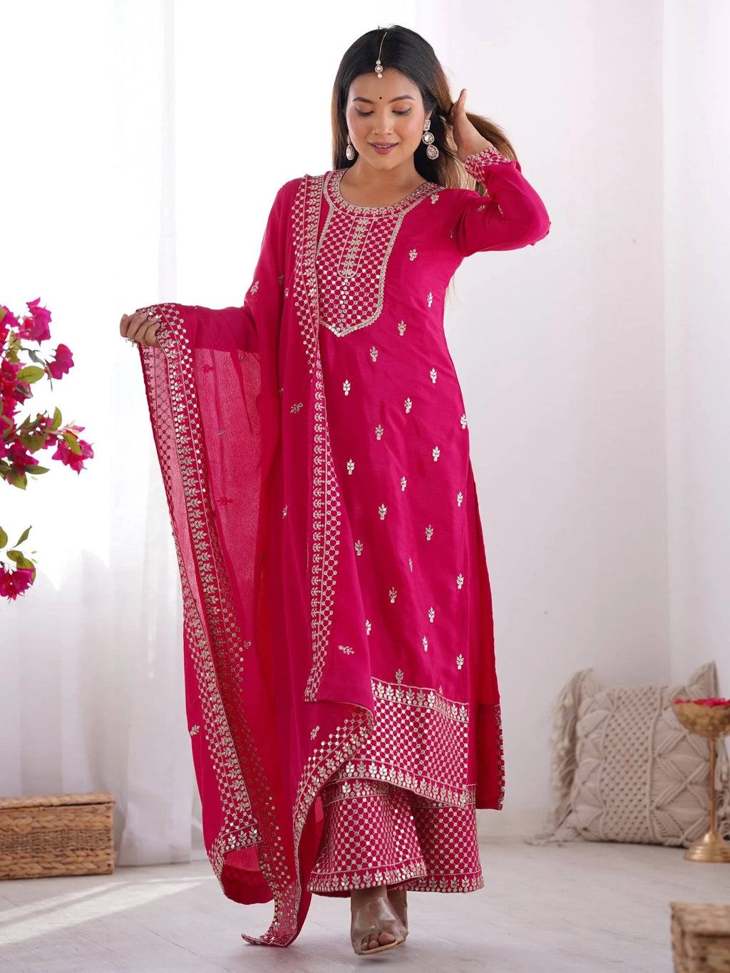 Pink Gorgeous Sequins Chinon Silk Party Wear Palazzo Suit