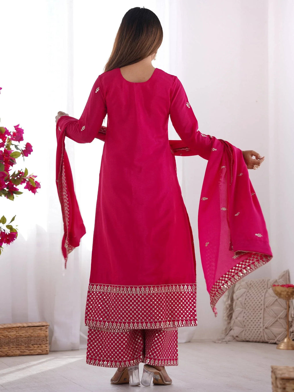 Pink Gorgeous Sequins Chinon Silk Party Wear Palazzo Suit