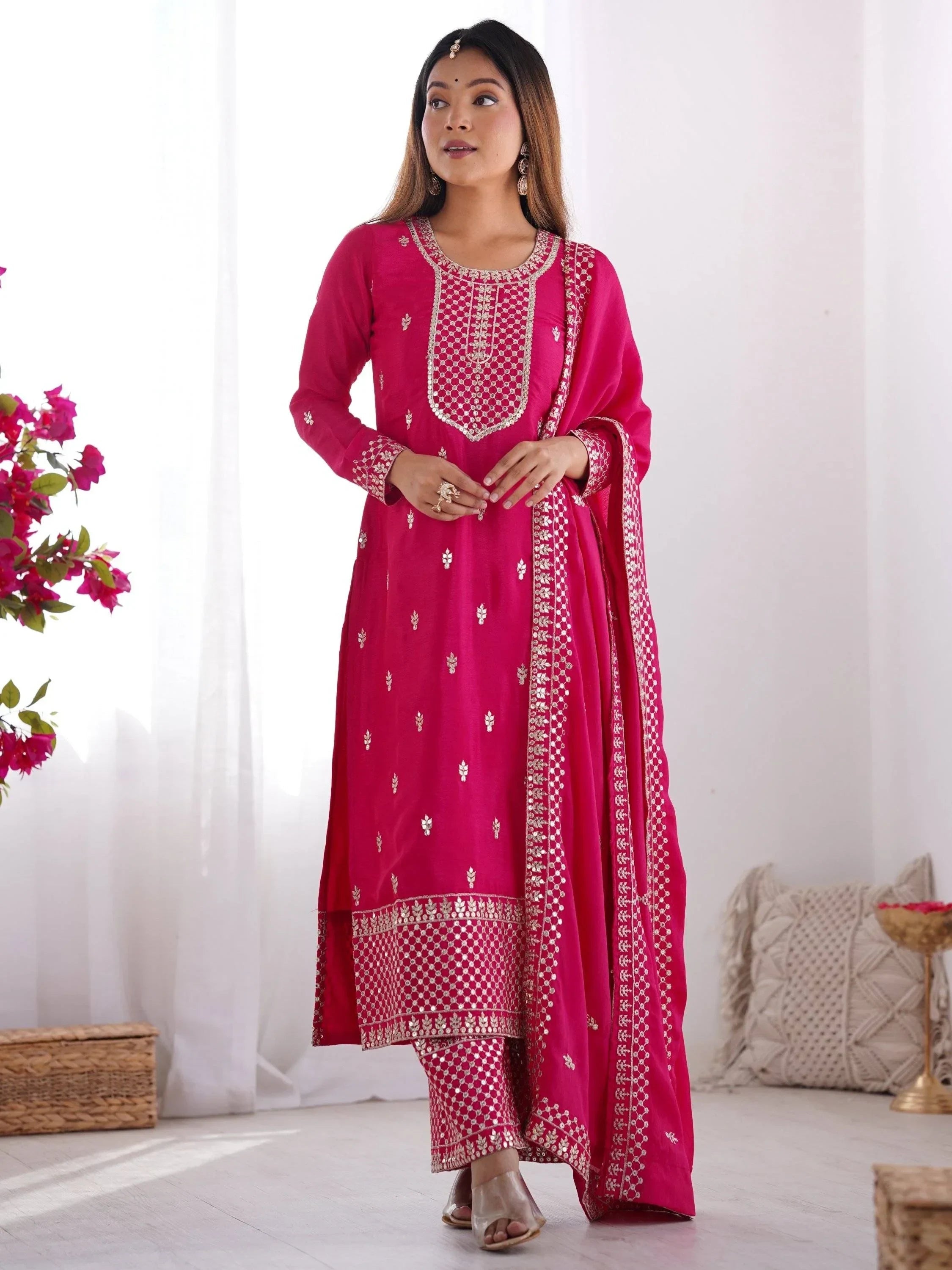 Pink Gorgeous Sequins Chinon Silk Party Wear Palazzo Suit