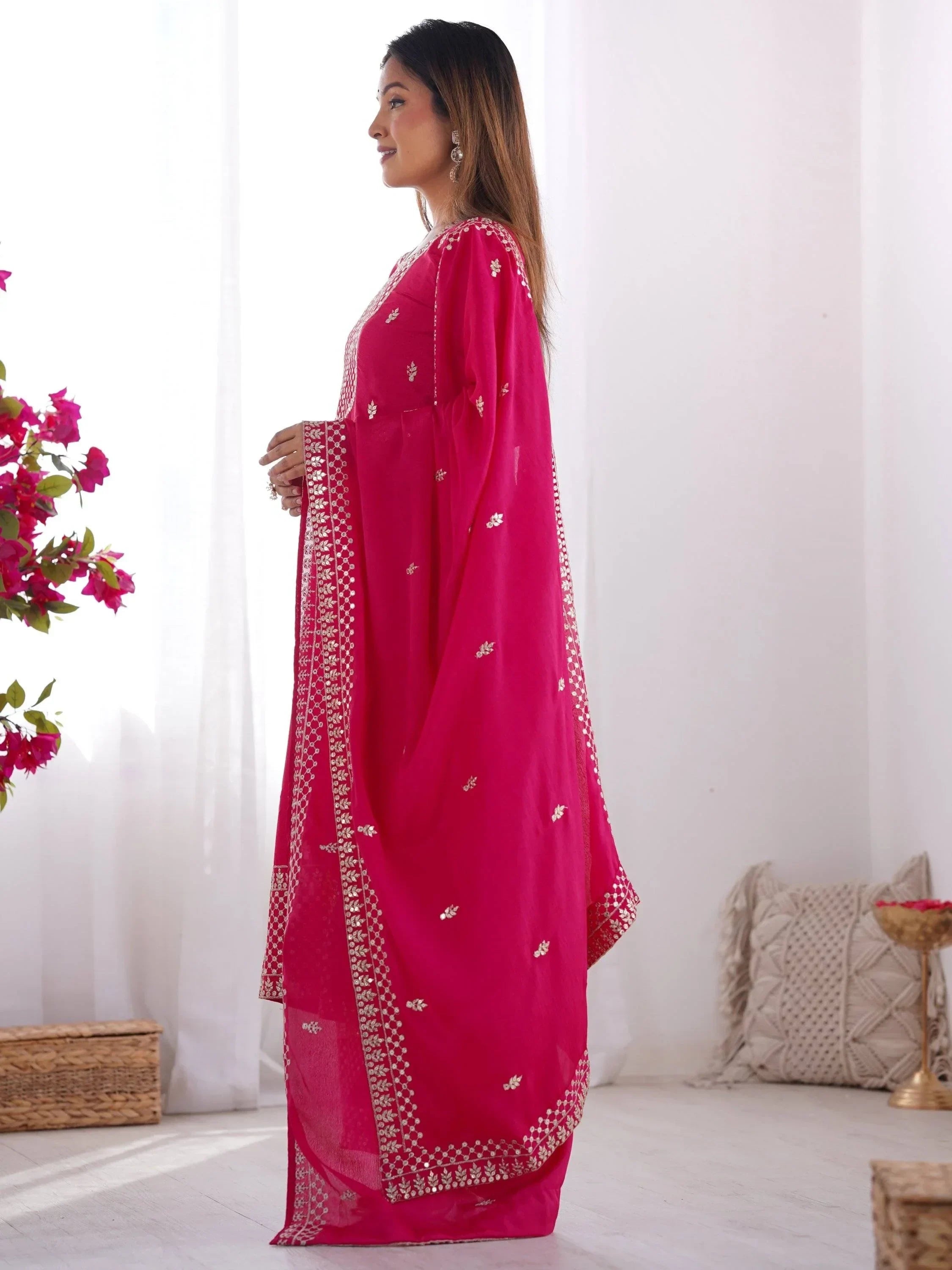 Pink Gorgeous Sequins Chinon Silk Party Wear Palazzo Suit