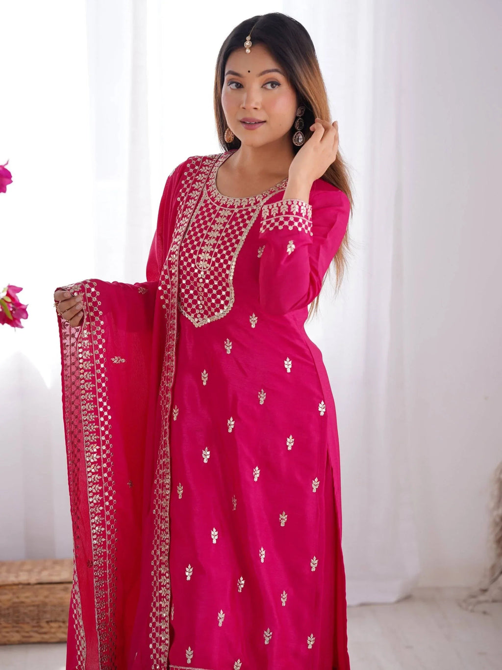 Pink Gorgeous Sequins Chinon Silk Party Wear Palazzo Suit