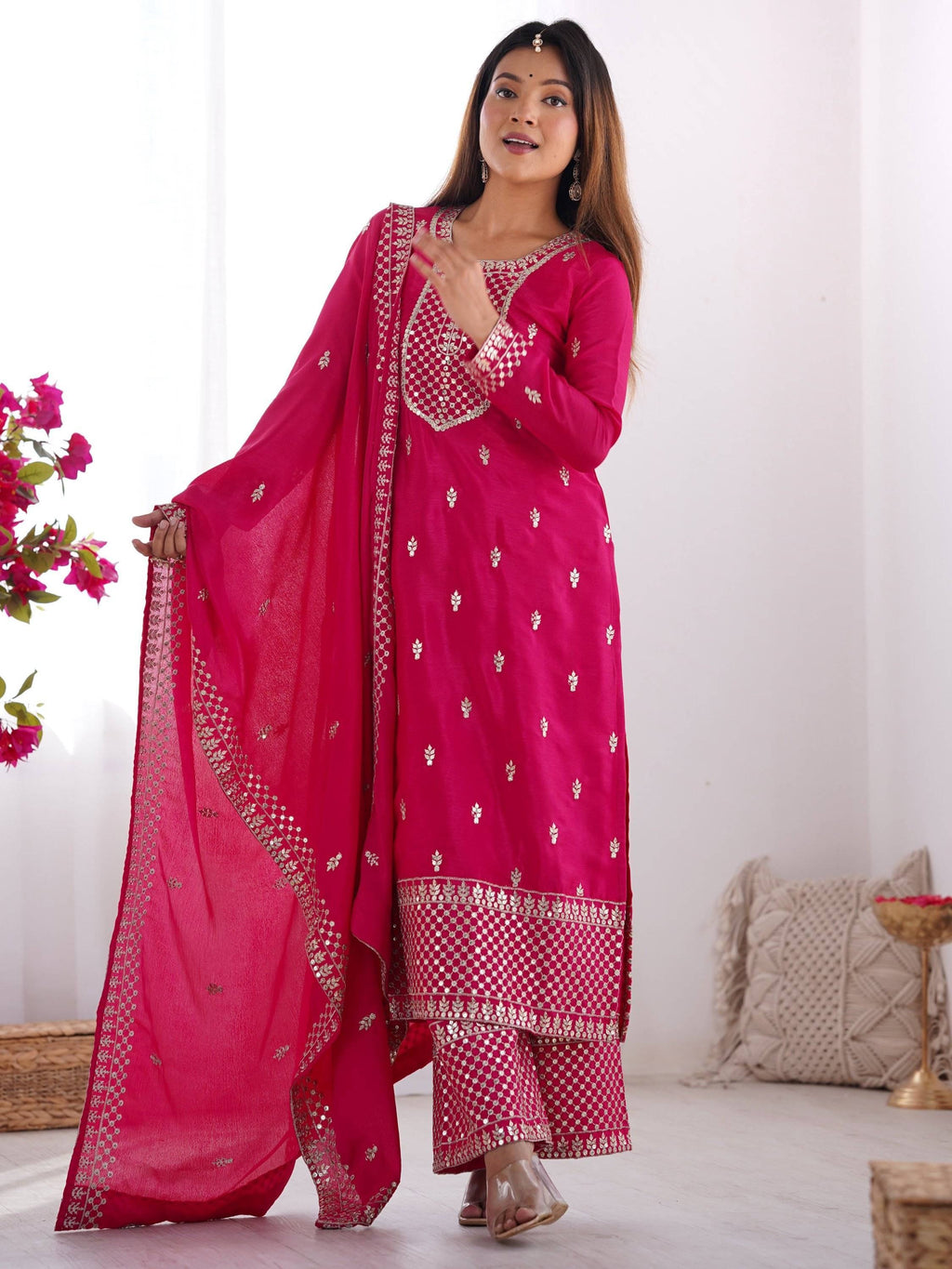 Pink Gorgeous Sequins Chinon Silk Party Wear Palazzo Suit