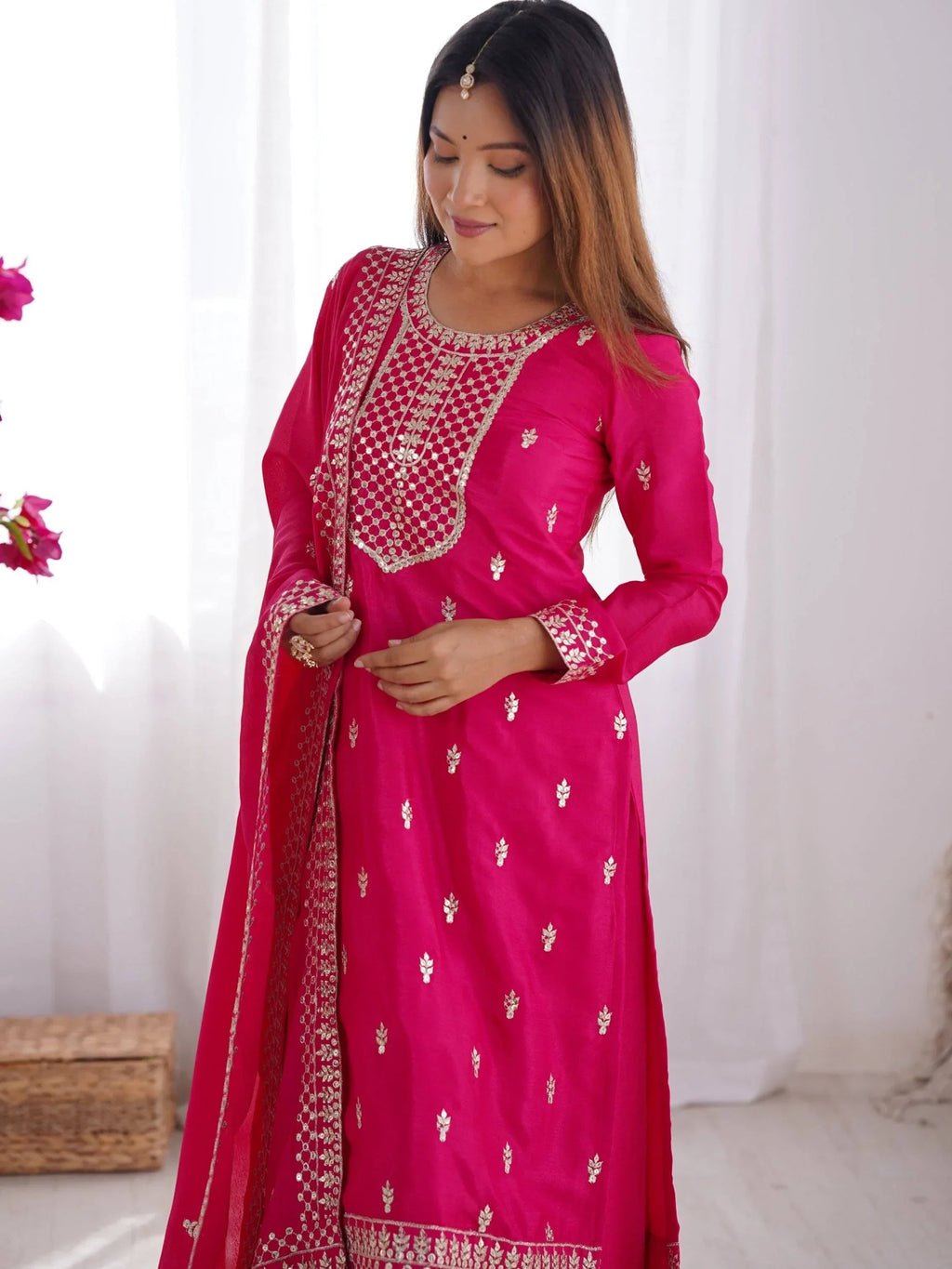 Pink Gorgeous Sequins Chinon Silk Party Wear Palazzo Suit