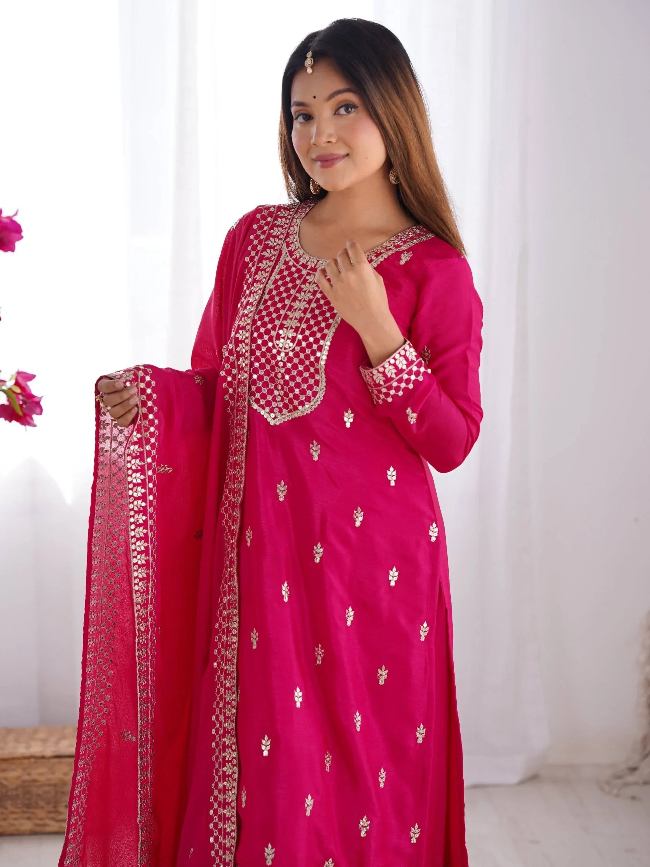 Pink Gorgeous Sequins Chinon Silk Party Wear Palazzo Suit