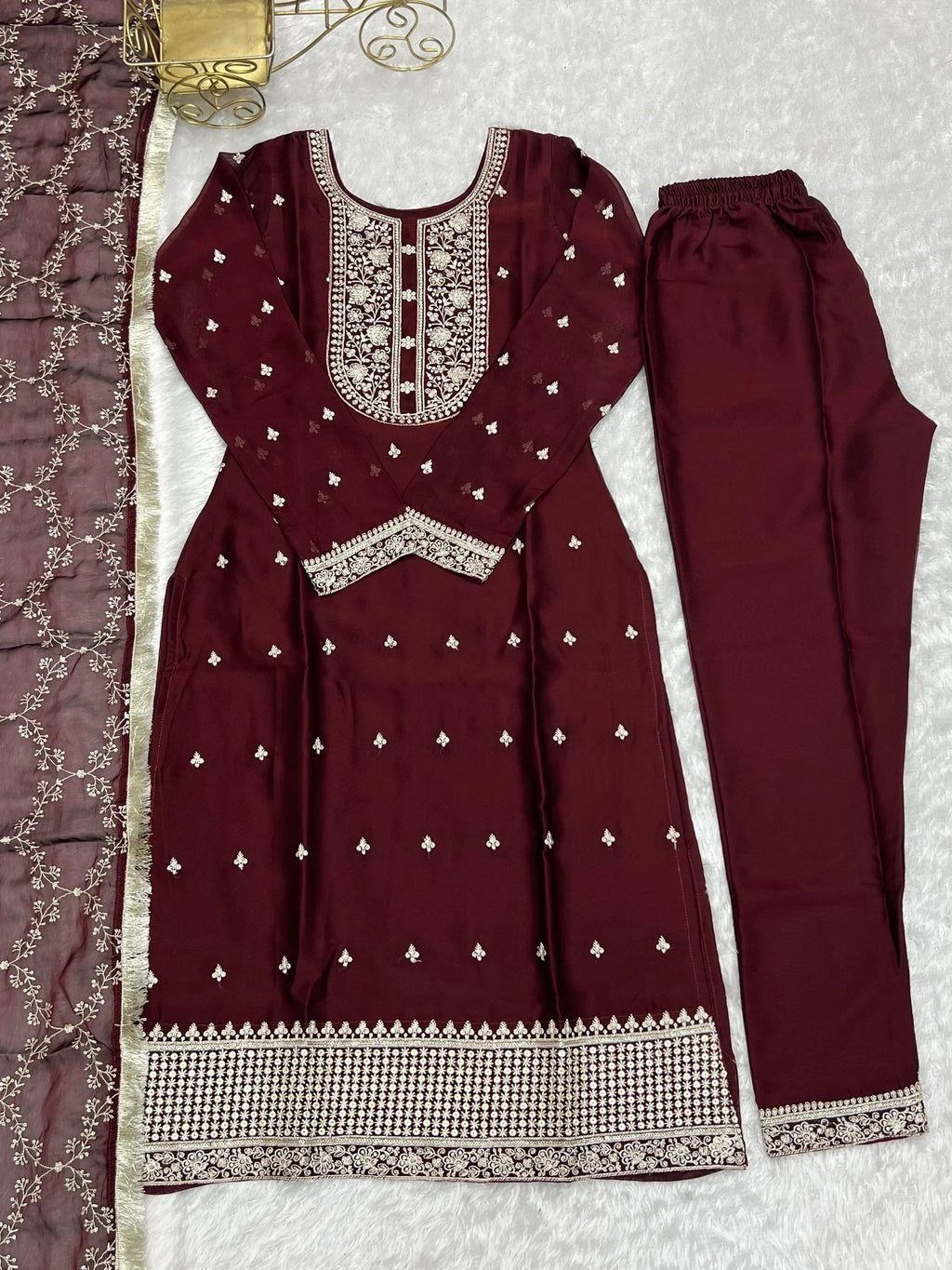 Maroon Superb Thread Work Silk Reception Wear Pant Suit With Dupatta