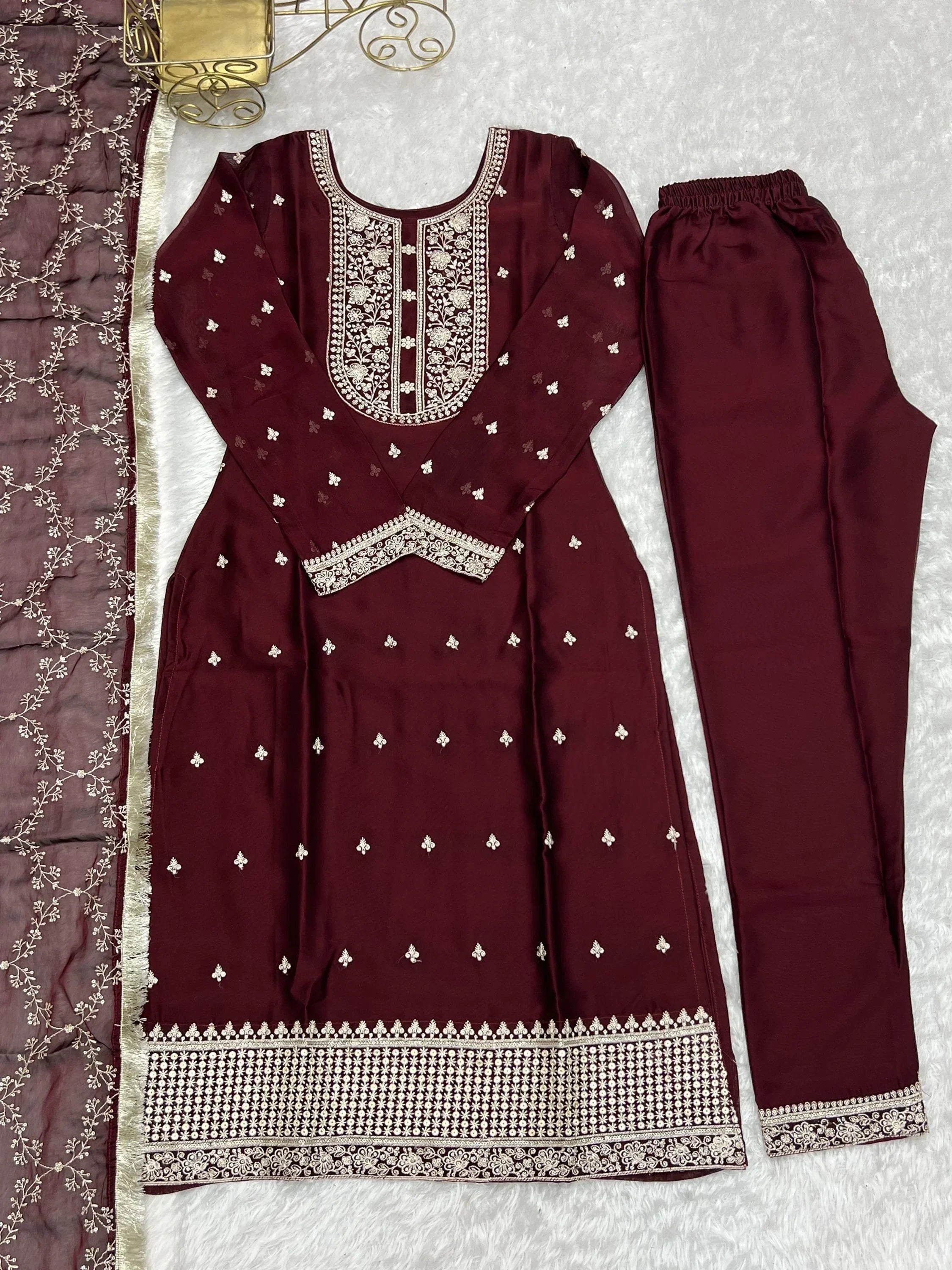 Maroon Superb Thread Work Silk Reception Wear Pant Suit With Dupatta