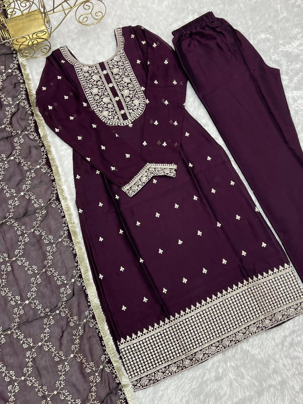 Purple Superb Thread Work Silk Reception Wear Pant Suit With Dupatta