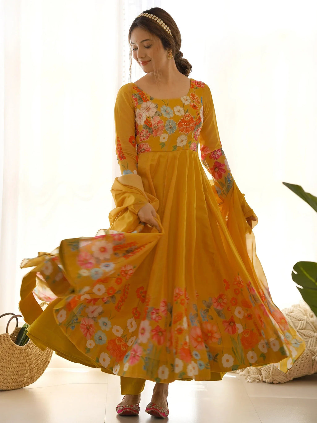 Yellow Incredible Floral Printed Organza Festival Wear Anarkali Suit