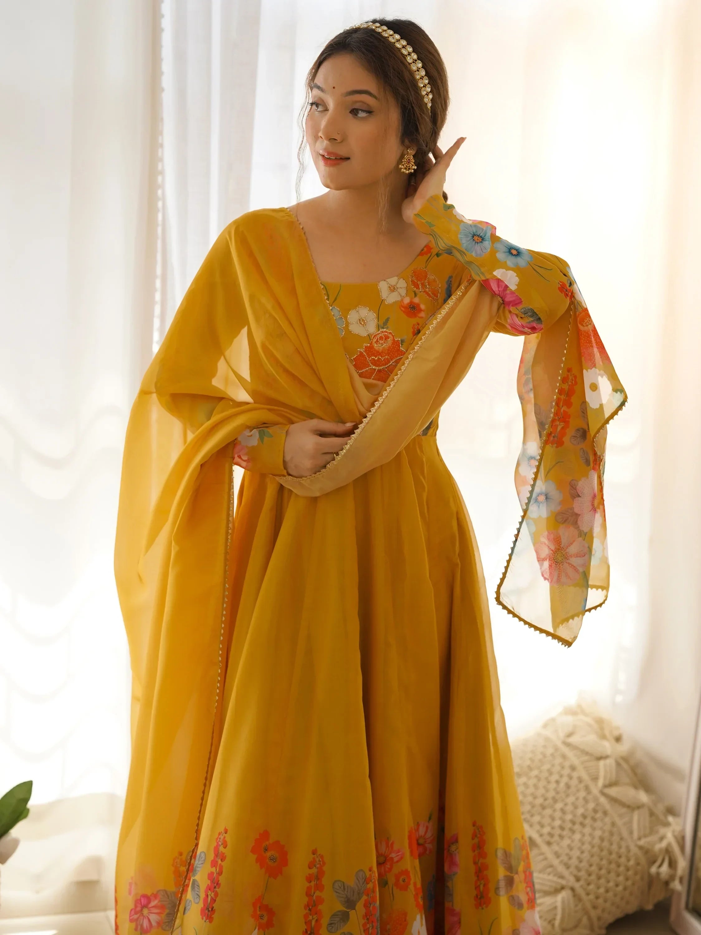 Yellow Incredible Floral Printed Organza Festival Wear Anarkali Suit