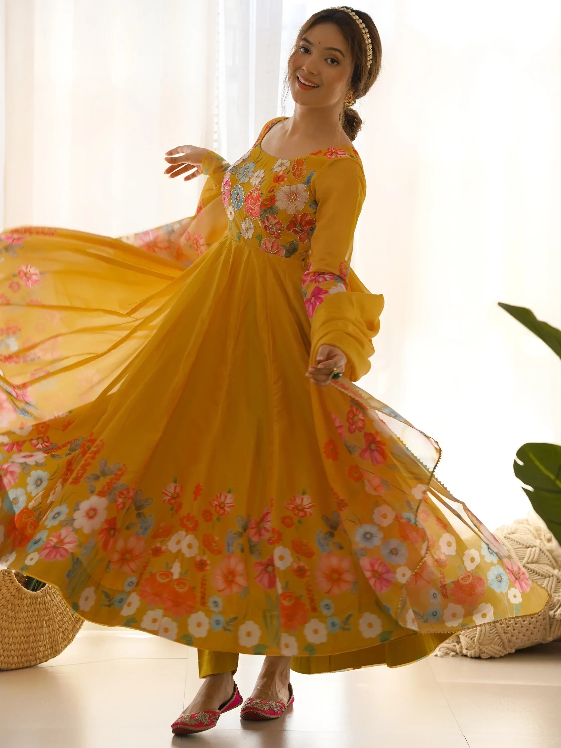 Yellow Incredible Floral Printed Organza Festival Wear Anarkali Suit